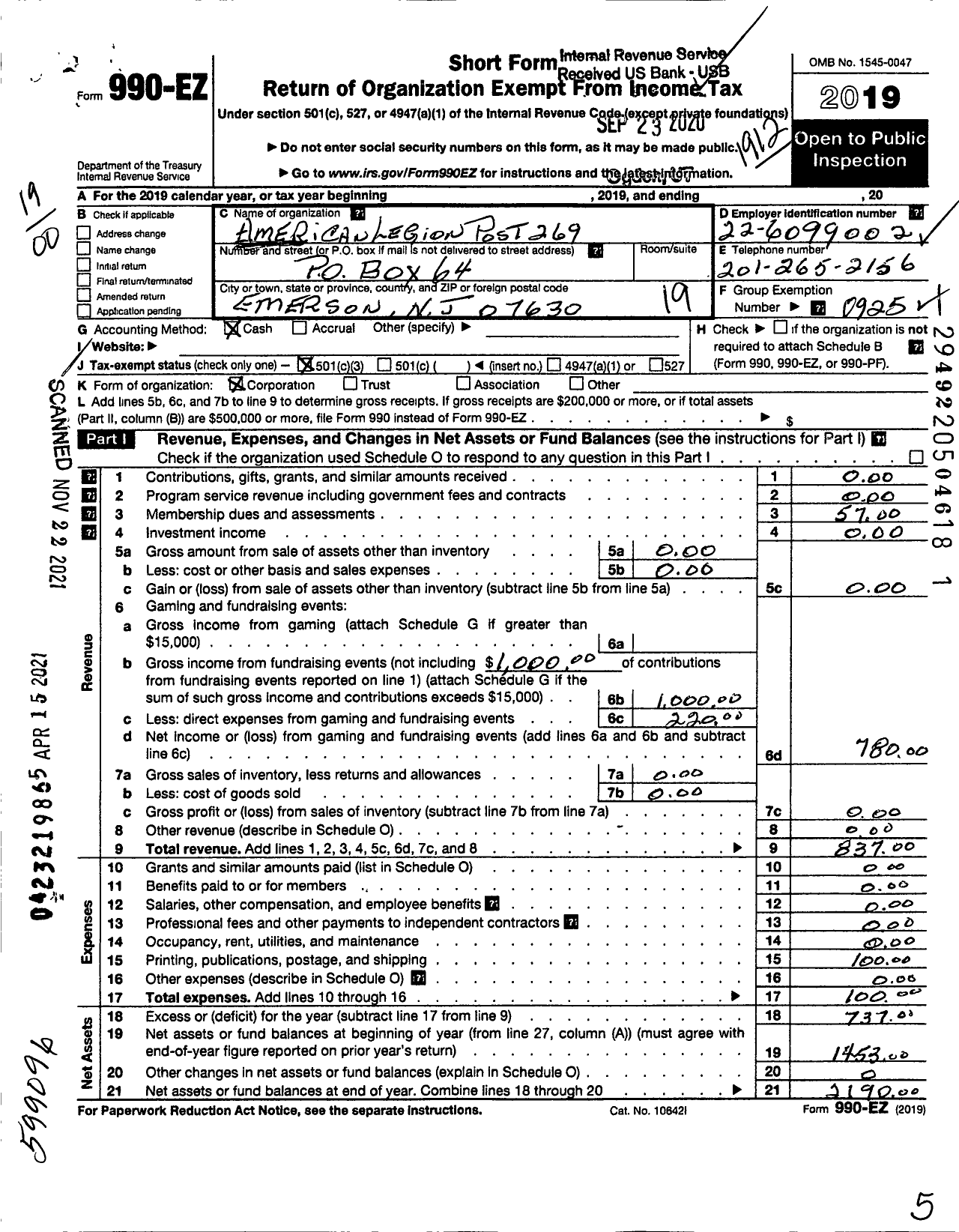 Image of first page of 2019 Form 990EO for American Legion - 269 Emerson