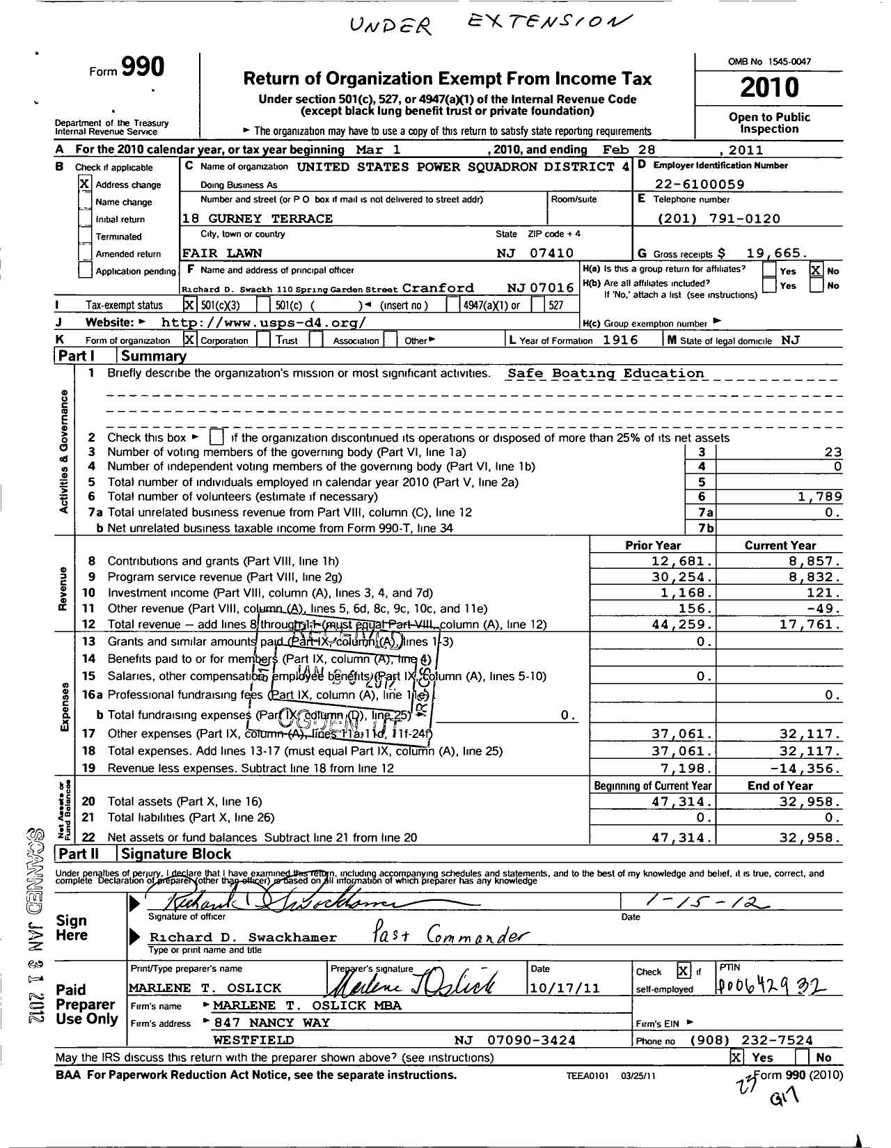 Image of first page of 2010 Form 990 for United States Power Squadrons - District 4