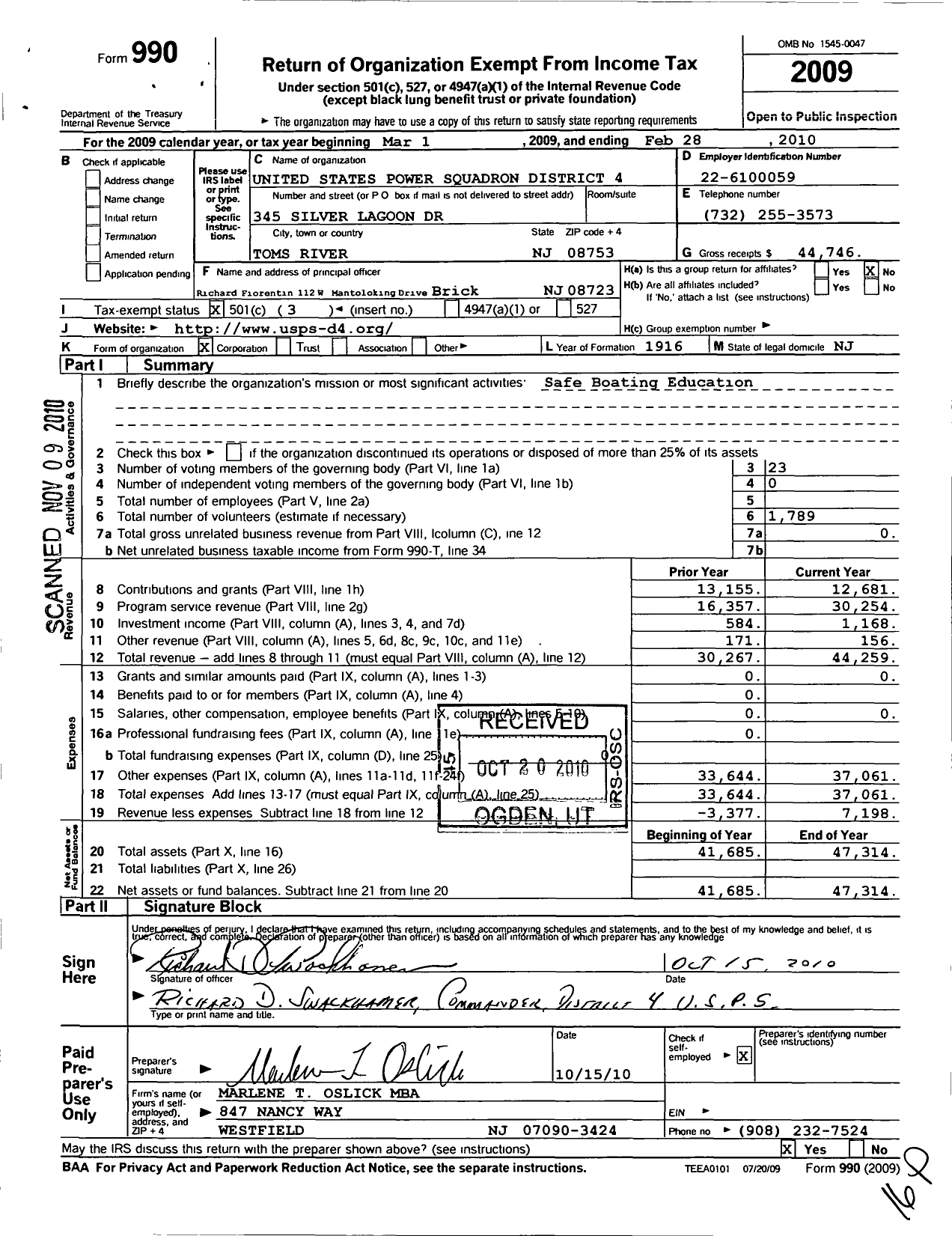 Image of first page of 2009 Form 990 for United States Power Squadrons - District 4