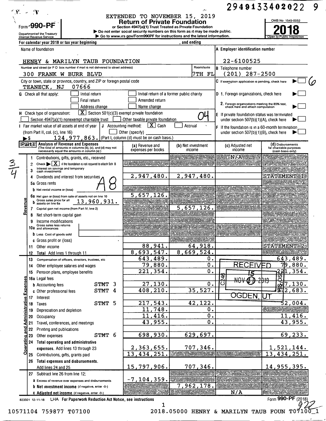 Image of first page of 2018 Form 990PF for Henry & Marilyn Taub Foundation