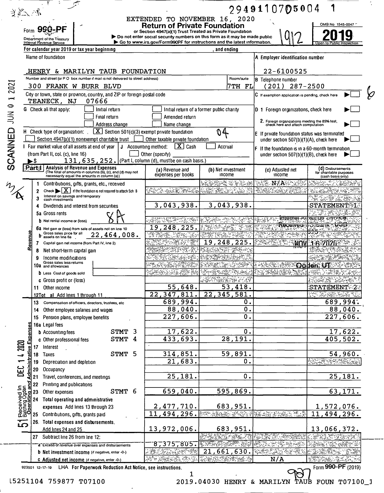 Image of first page of 2019 Form 990PF for Henry & Marilyn Taub Foundation