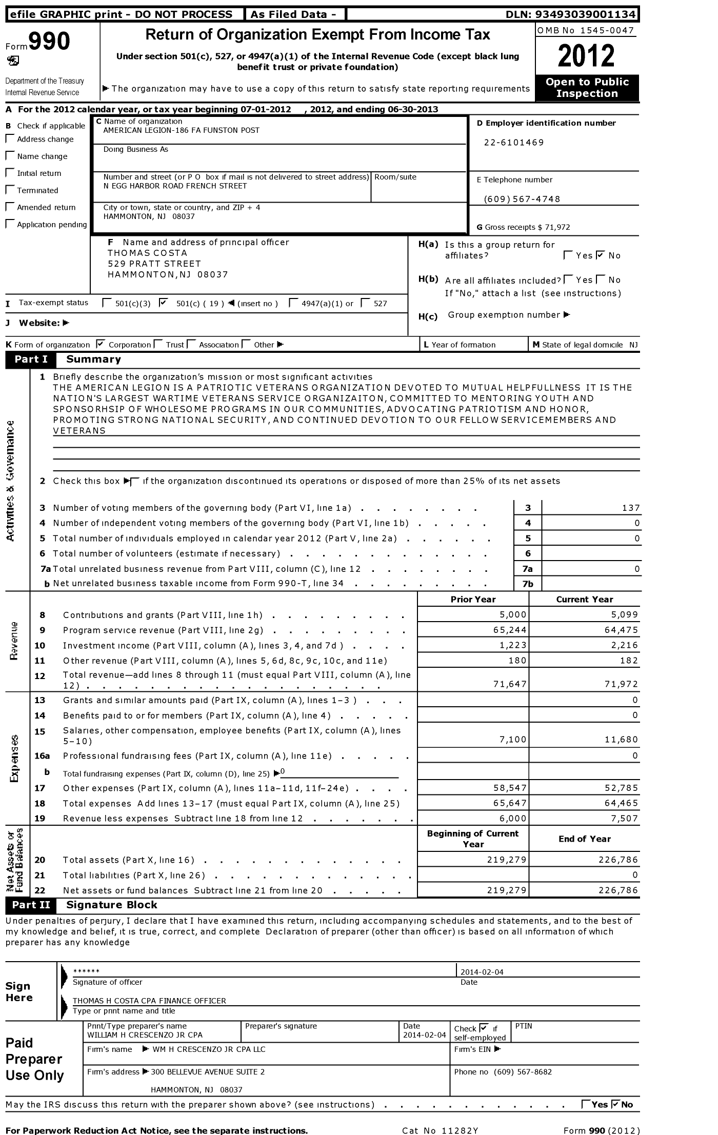 Image of first page of 2012 Form 990O for F A Funston Post 186 American Legion of Hammonton N J