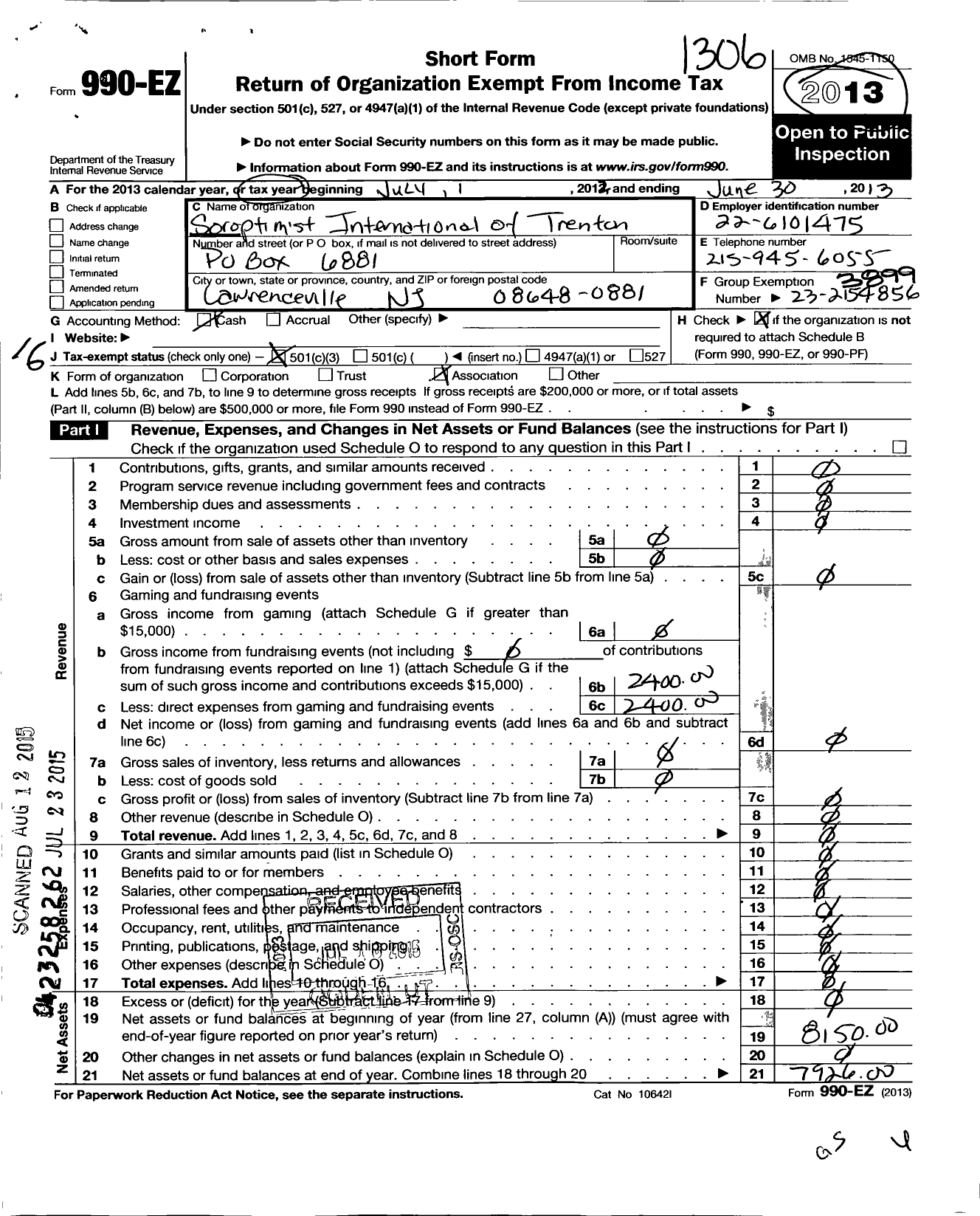 Image of first page of 2012 Form 990EZ for Soroptimist International of the Americas - 102228 Trenton NJ