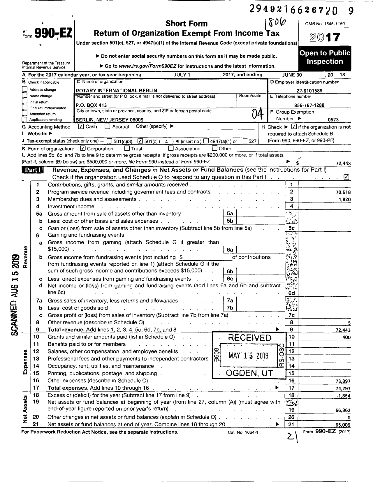 Image of first page of 2017 Form 990EO for Rotary International - Berlin Rotary Club