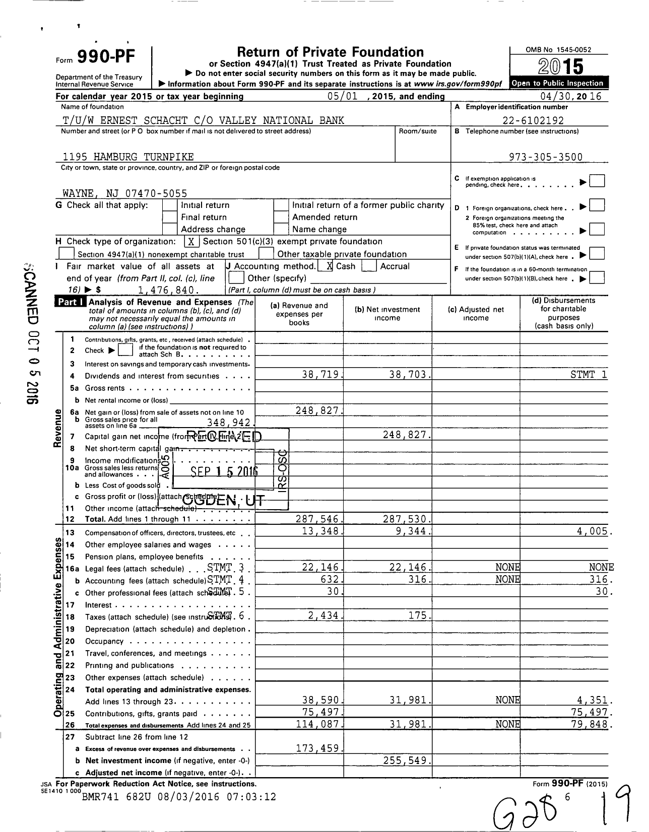 Image of first page of 2015 Form 990PF for Ernest Schacht Fund Valley National Bank