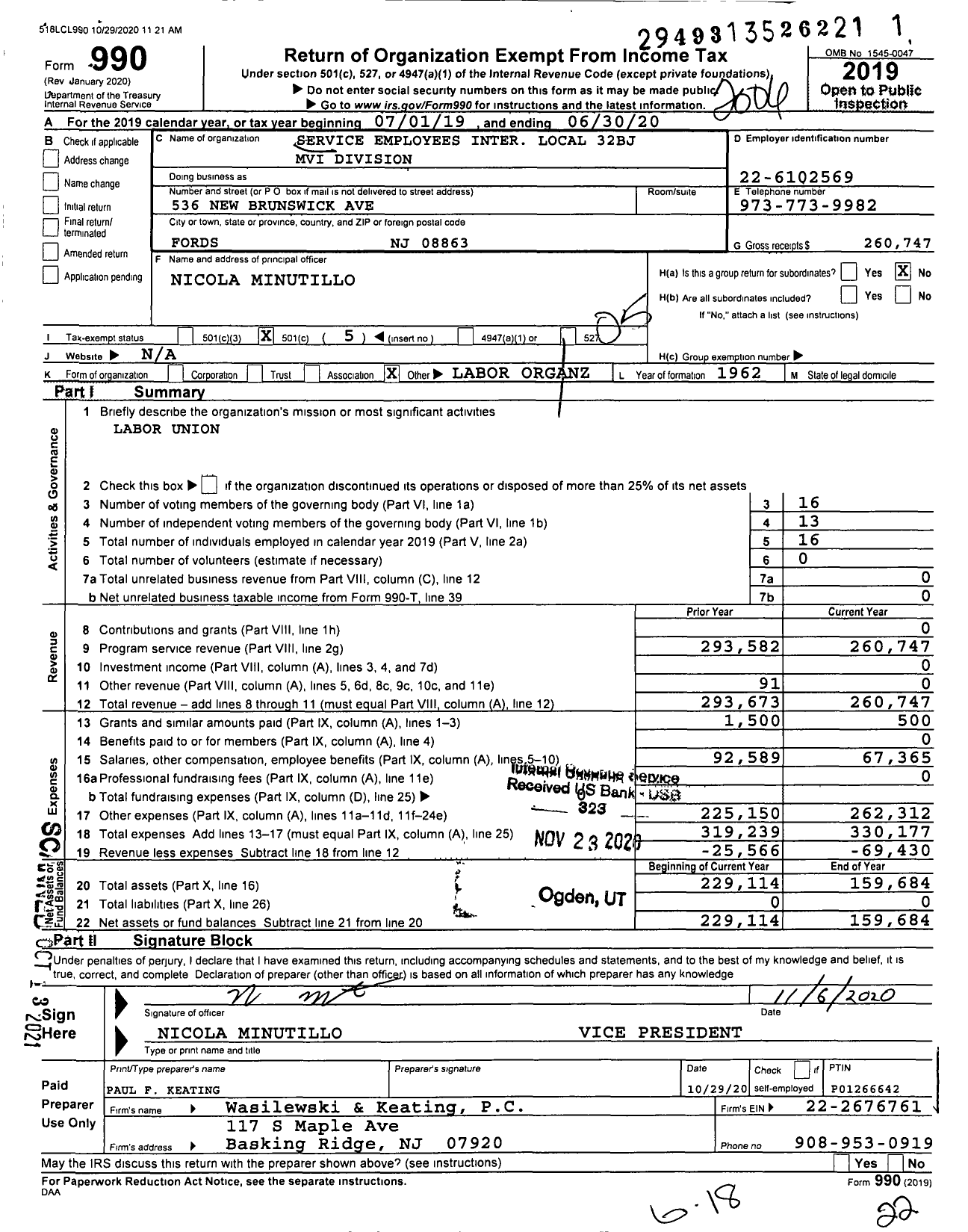 Image of first page of 2019 Form 990O for Service Employees International Union - 518 NJ Motor Vehicle Emp Seiu Local