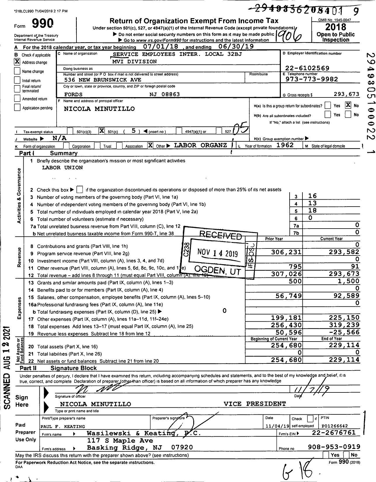 Image of first page of 2018 Form 990O for Service Employees International Union - 518 NJ Motor Vehicle Emp Seiu Local