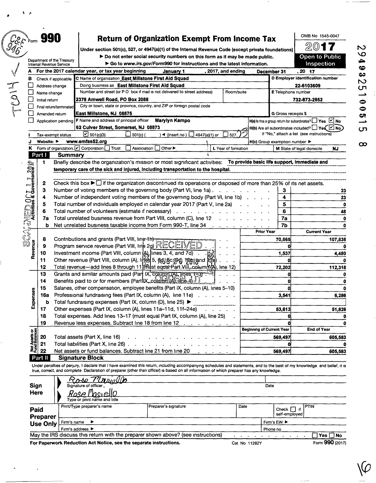 Image of first page of 2017 Form 990 for East Millstone First Aid Squad