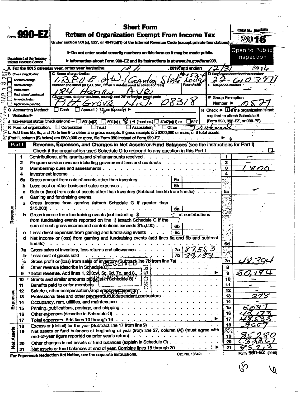 Image of first page of 2016 Form 990EO for Improved Benevolent and Protective Order of Elks of the World - 1534 Garden State Ibpoe