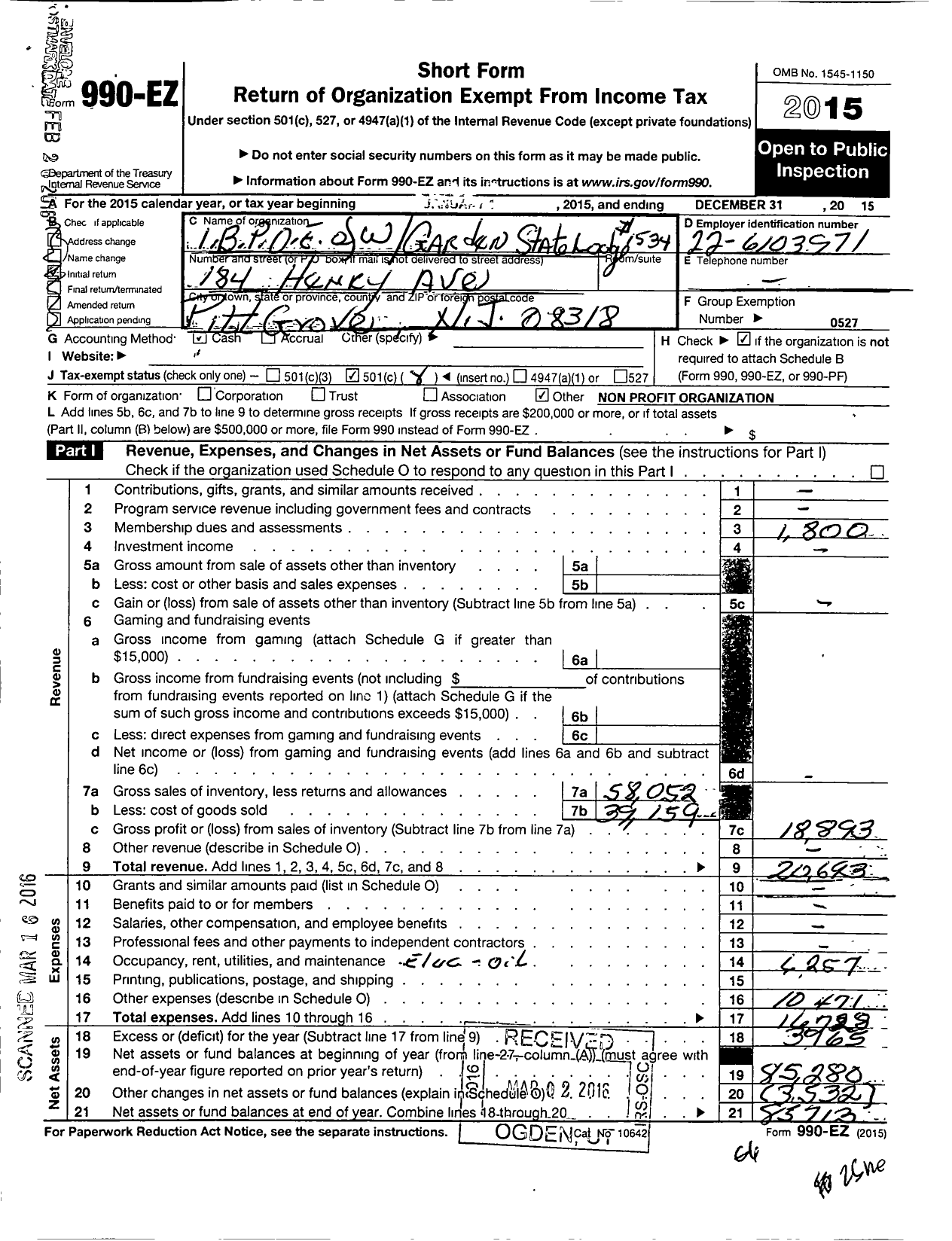 Image of first page of 2015 Form 990EO for Improved Benevolent and Protective Order of Elks of the World - 1534 Garden State Ibpoe