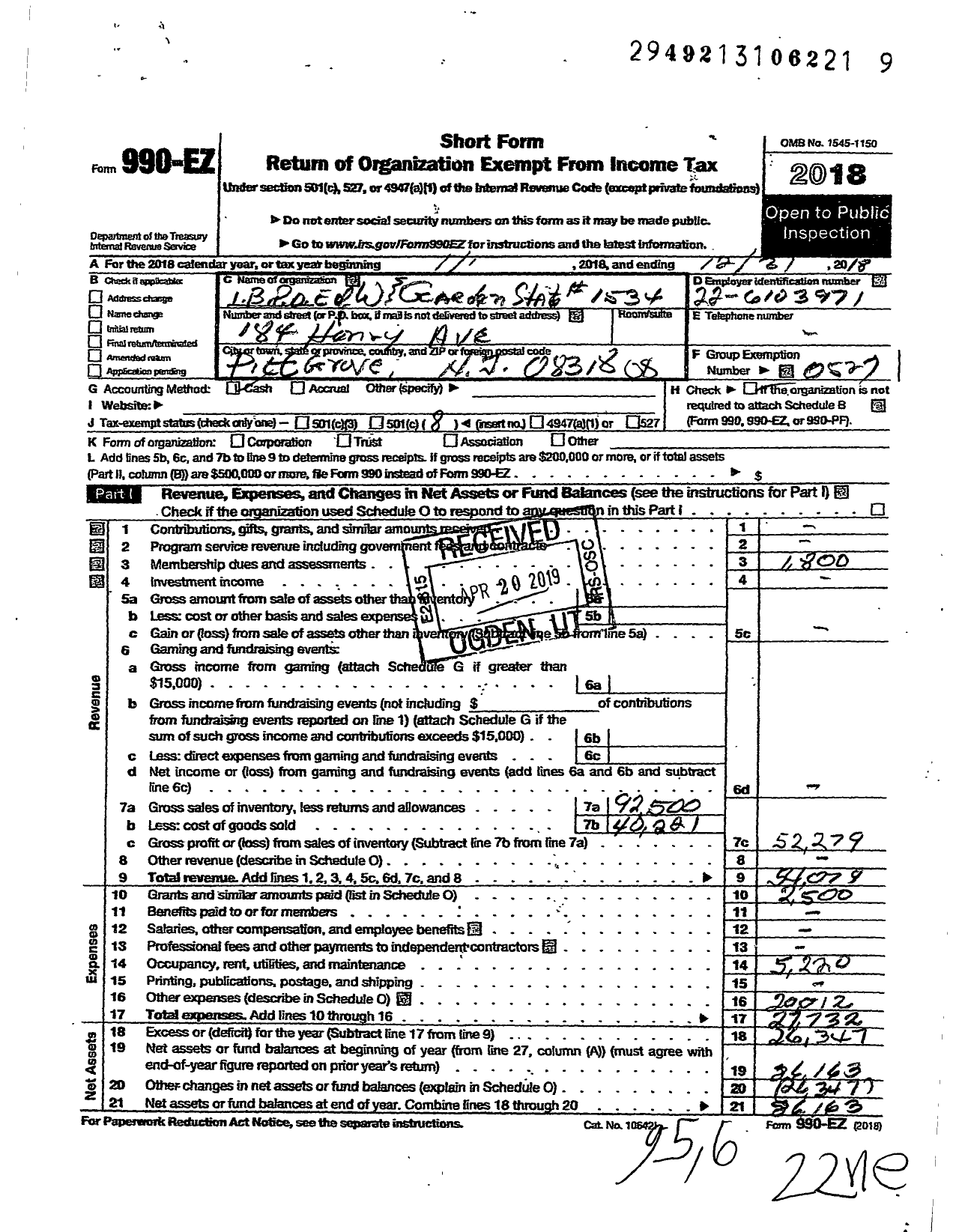 Image of first page of 2018 Form 990EO for Improved Benevolent and Protective Order of Elks of the World - 1534 Garden State Ibpoe