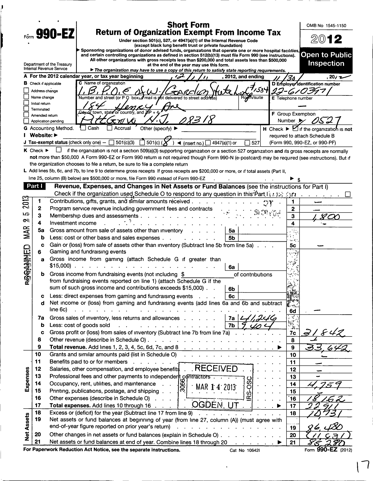 Image of first page of 2011 Form 990EO for Improved Benevolent and Protective Order of Elks of the World - 1534 Garden State Ibpoe