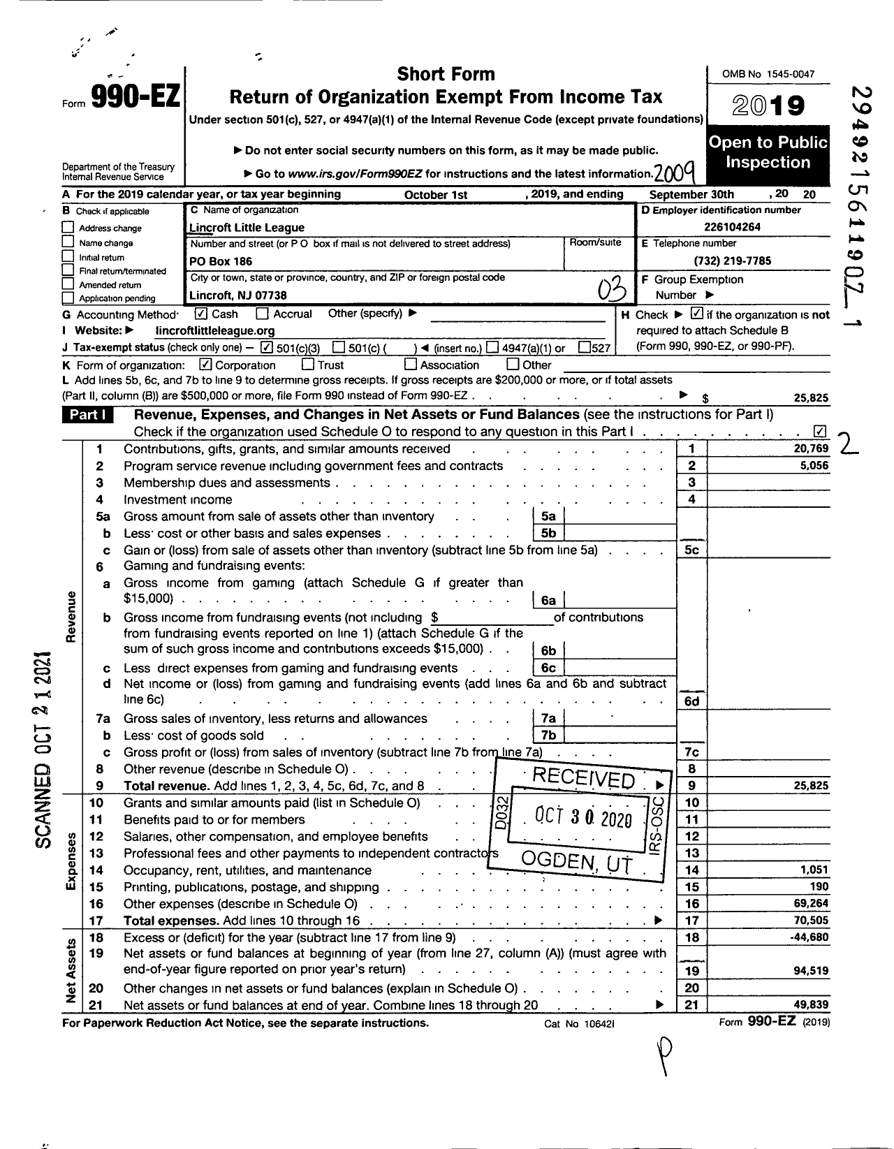 Image of first page of 2019 Form 990EZ for Lincroft Little League