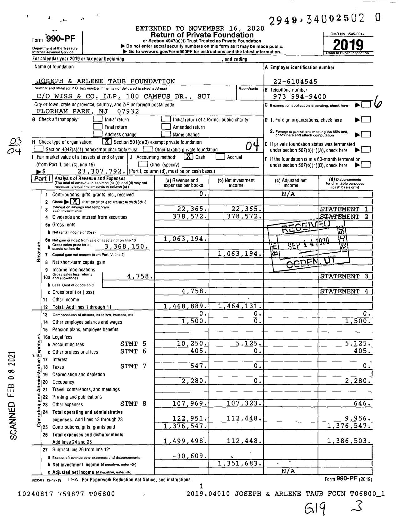 Image of first page of 2019 Form 990PF for Joseph and Arlene Taub Foundation