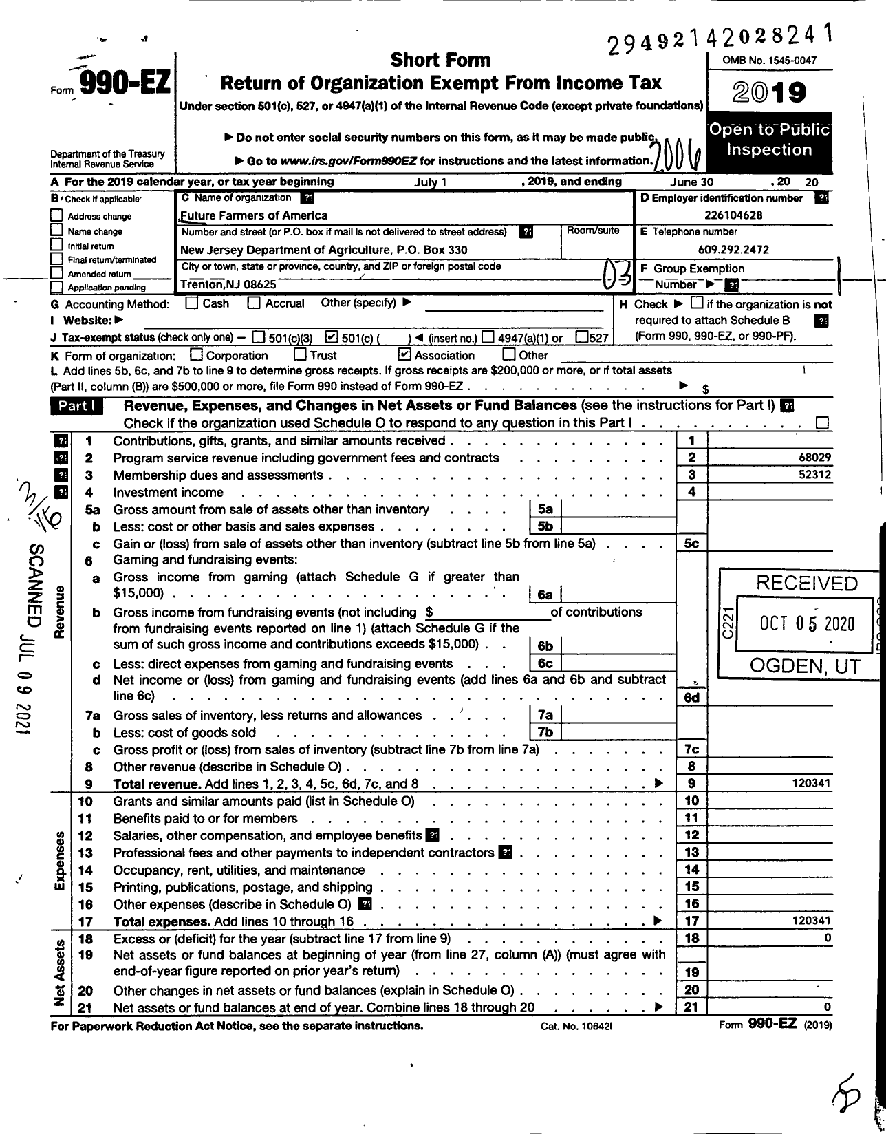 Image of first page of 2019 Form 990EZ for FUTURE FARMERS of AMERICA - New Jersey State Organization