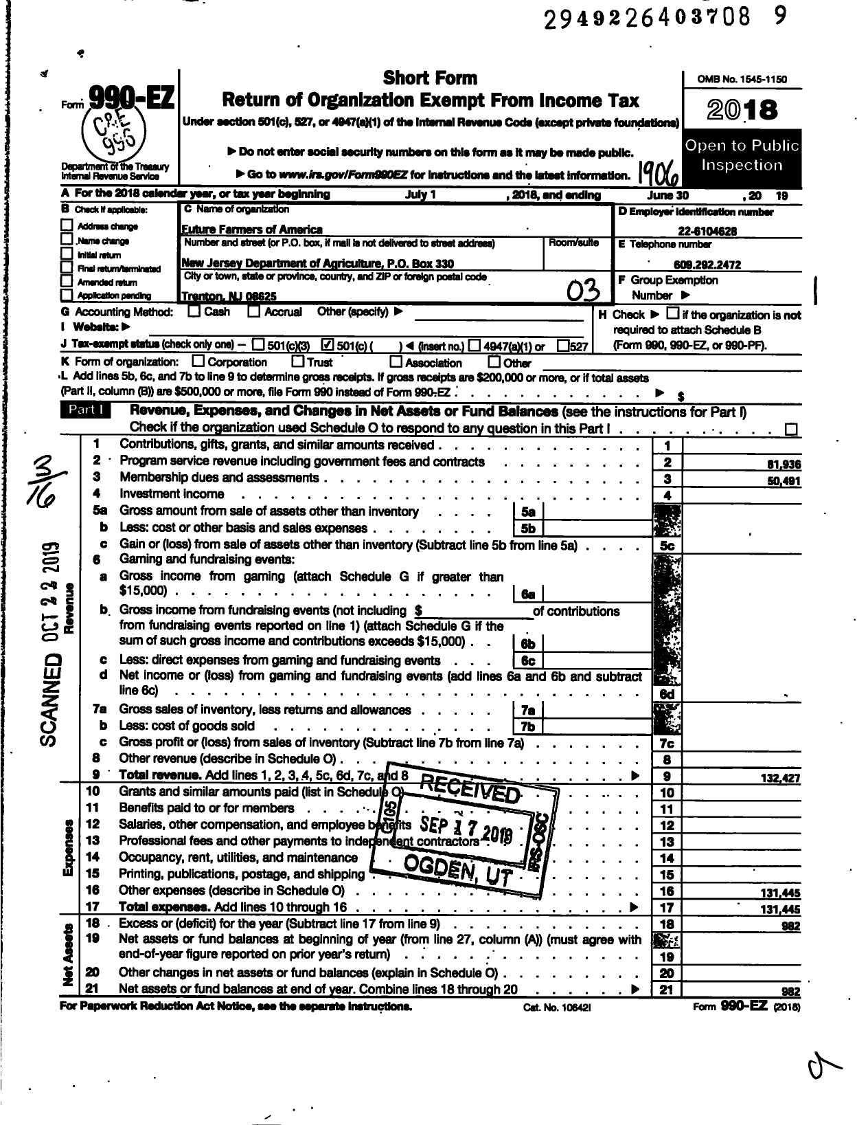 Image of first page of 2018 Form 990EZ for FUTURE FARMERS of AMERICA - New Jersey State Organization