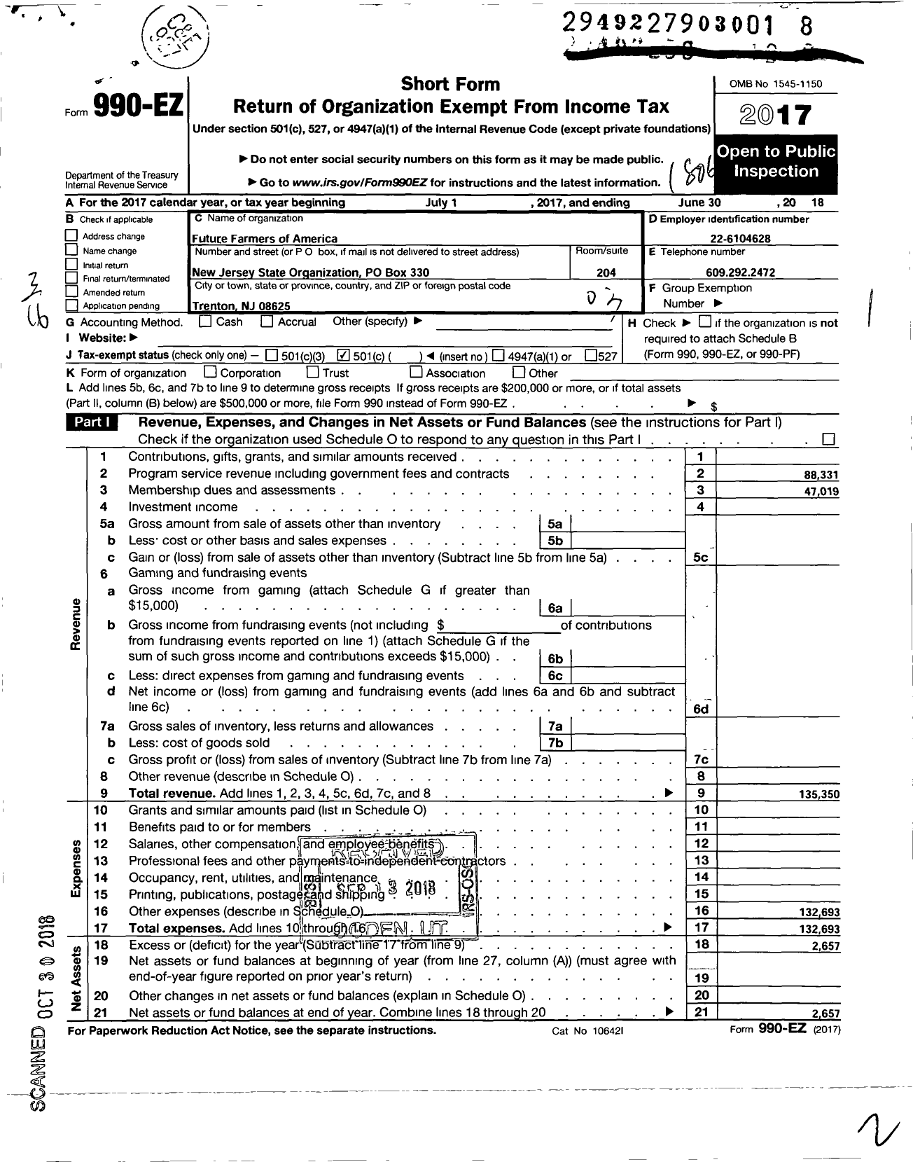 Image of first page of 2017 Form 990EZ for FUTURE FARMERS of AMERICA - New Jersey State Organization