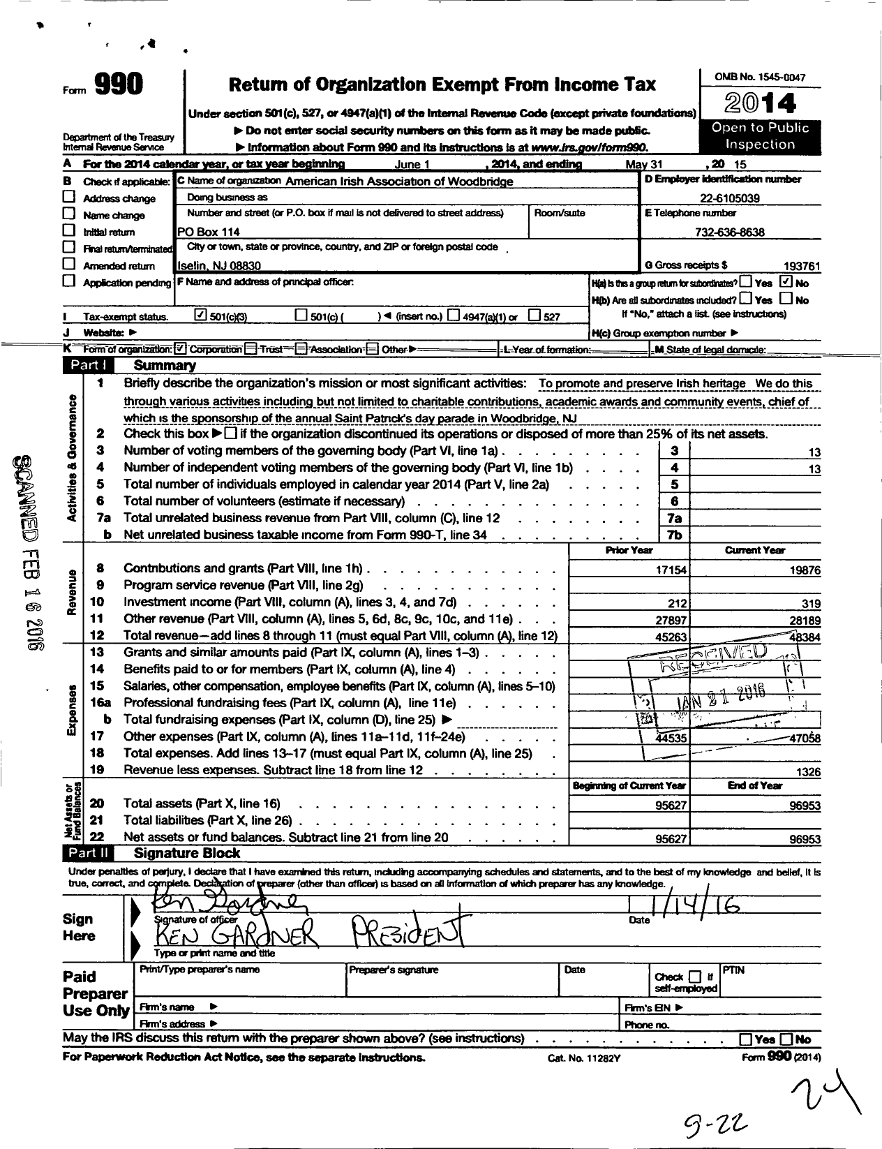 Image of first page of 2014 Form 990 for American Irish Association of Woodbridge