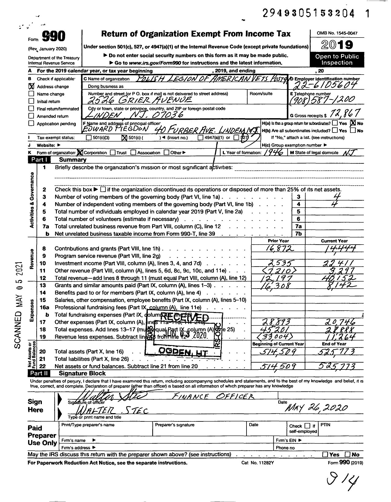 Image of first page of 2019 Form 990 for Polish Legion of American Veterans USA - 91 Post Elizabeth