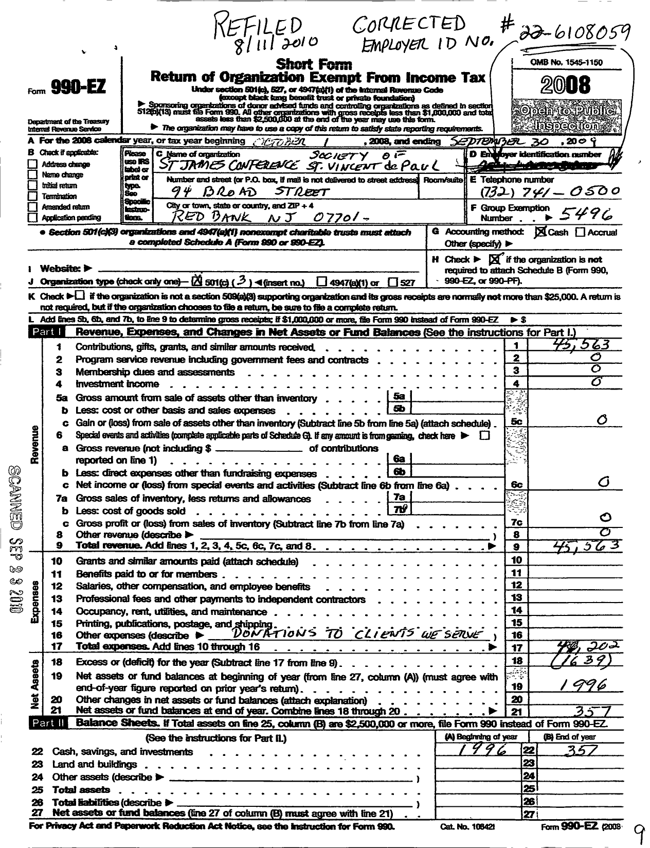 Image of first page of 2008 Form 990EZ for St James Conference