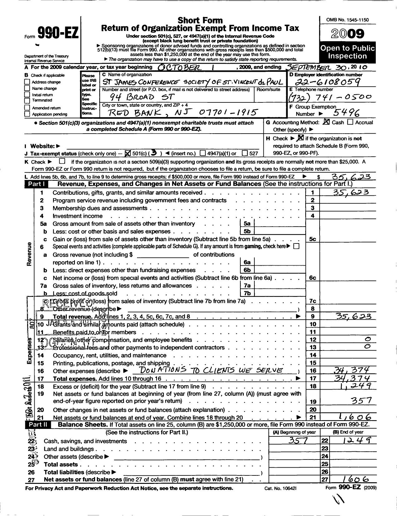 Image of first page of 2009 Form 990EZ for St James Conference