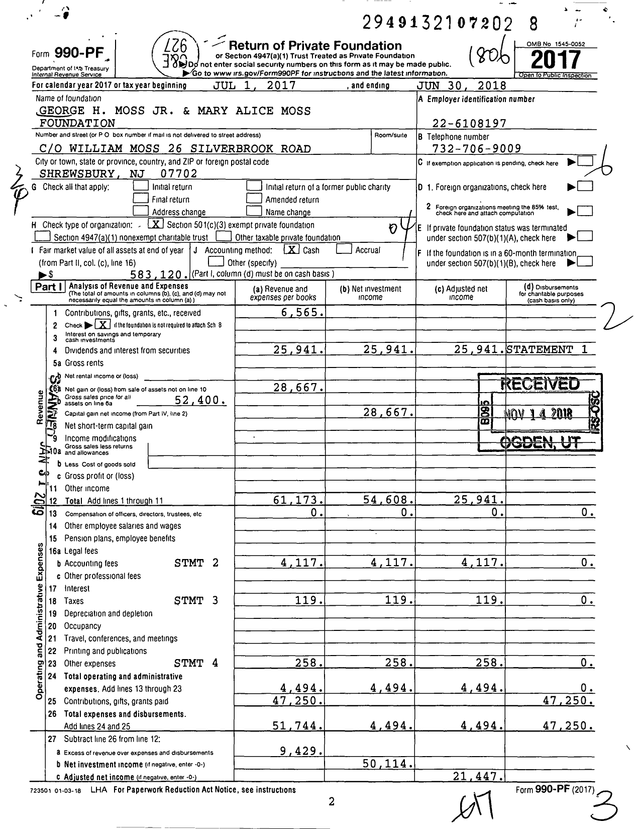 Image of first page of 2017 Form 990PF for George JR and Mary Alice Moss Foundation