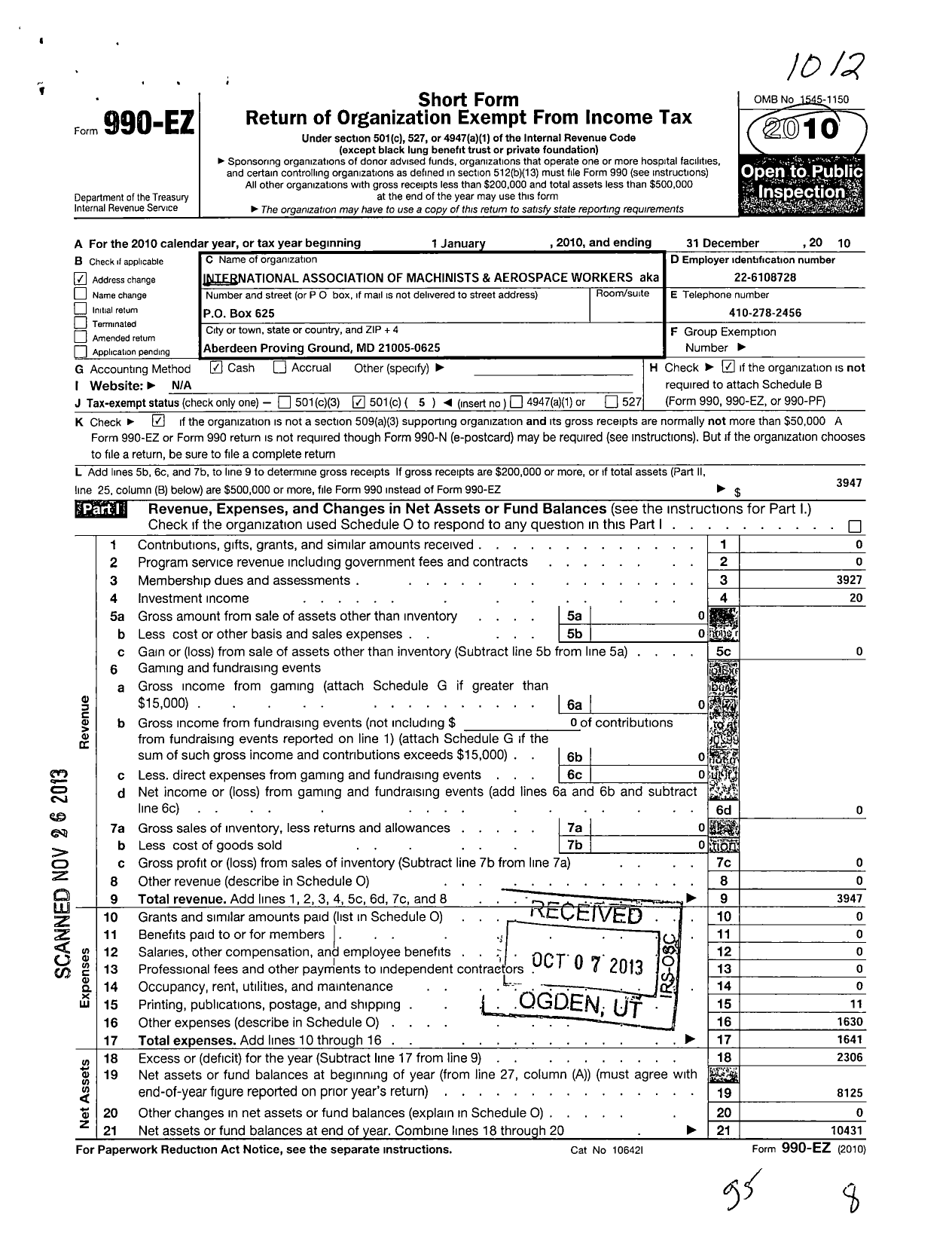 Image of first page of 2010 Form 990EO for International Association of Machinists and Aerospace Workers - 476 Nffe FL - Iamaw