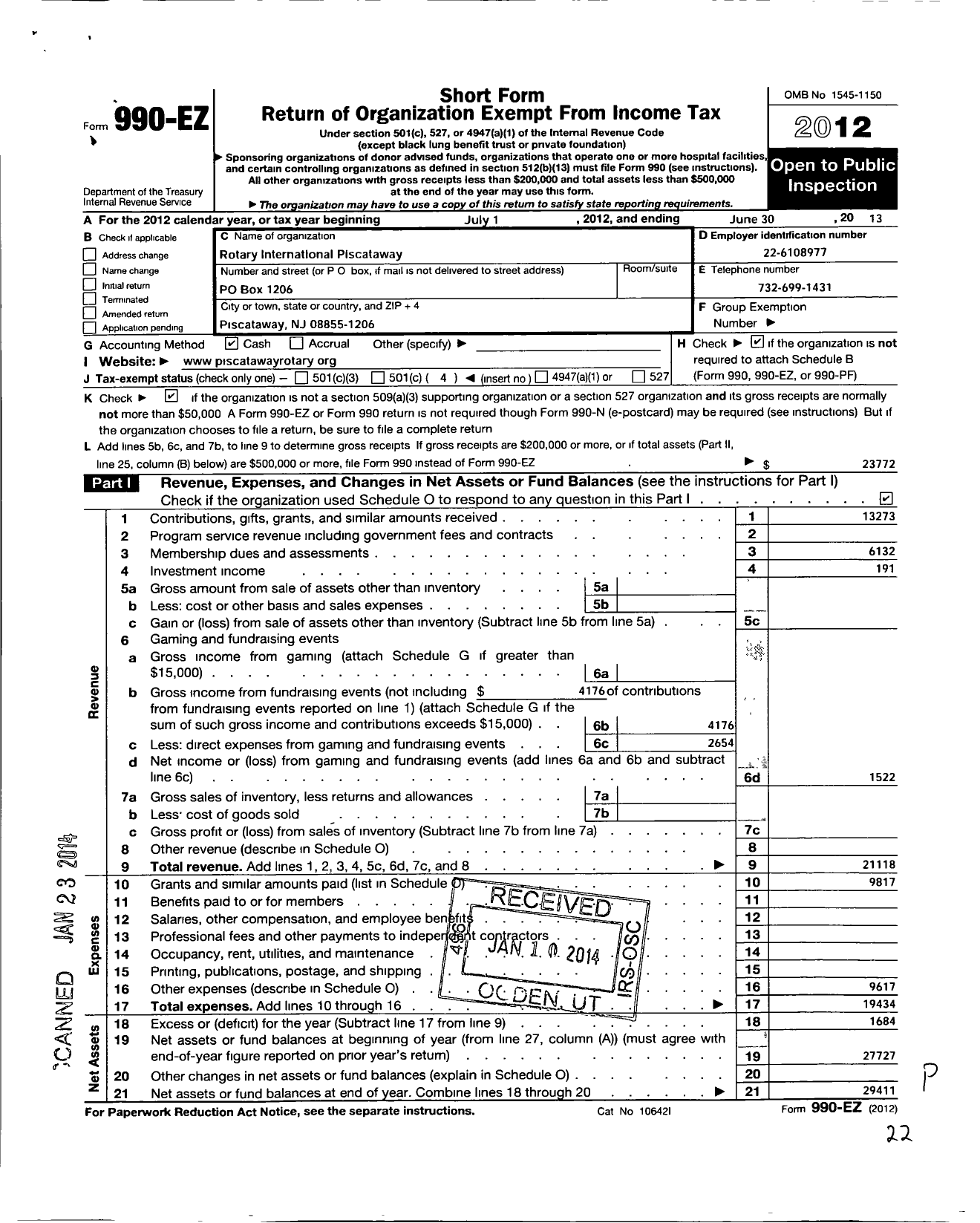 Image of first page of 2012 Form 990EO for Rotary International - Piscataway