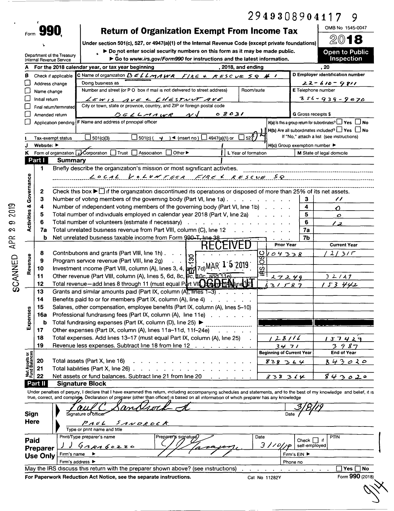 Image of first page of 2018 Form 990O for Bellmawr Fire and Resque Squad