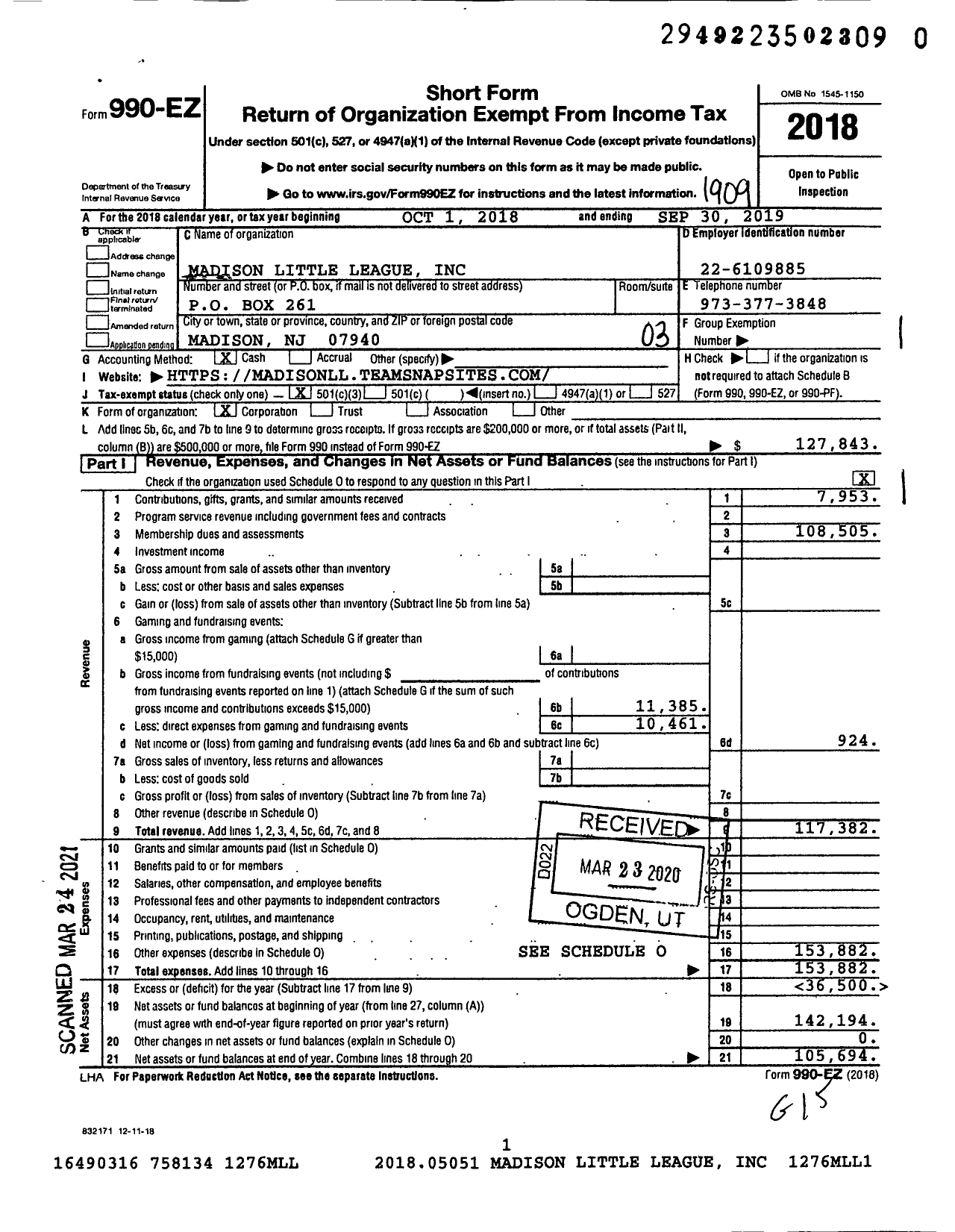 Image of first page of 2018 Form 990EZ for Madison Little League