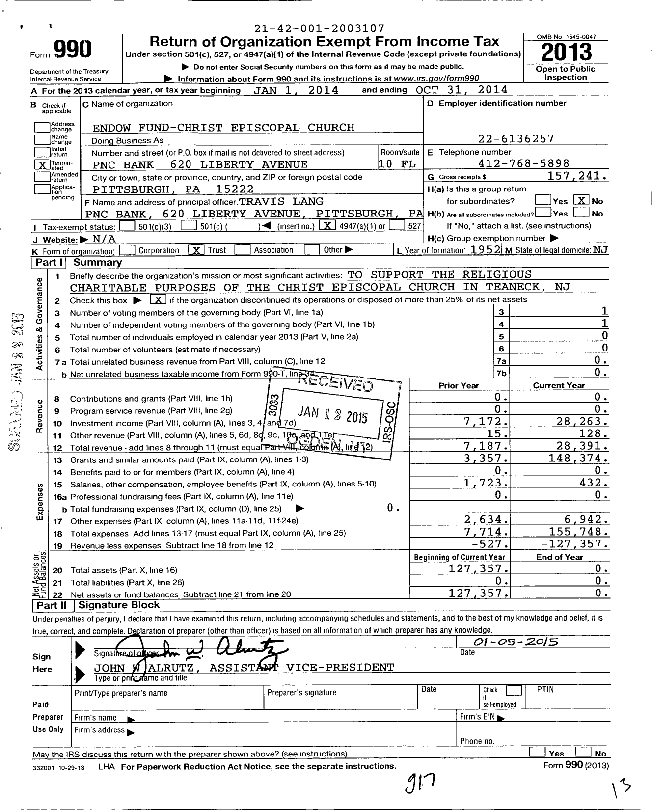 Image of first page of 2013 Form 990O for Endow Fund-Christ Episcopal Church