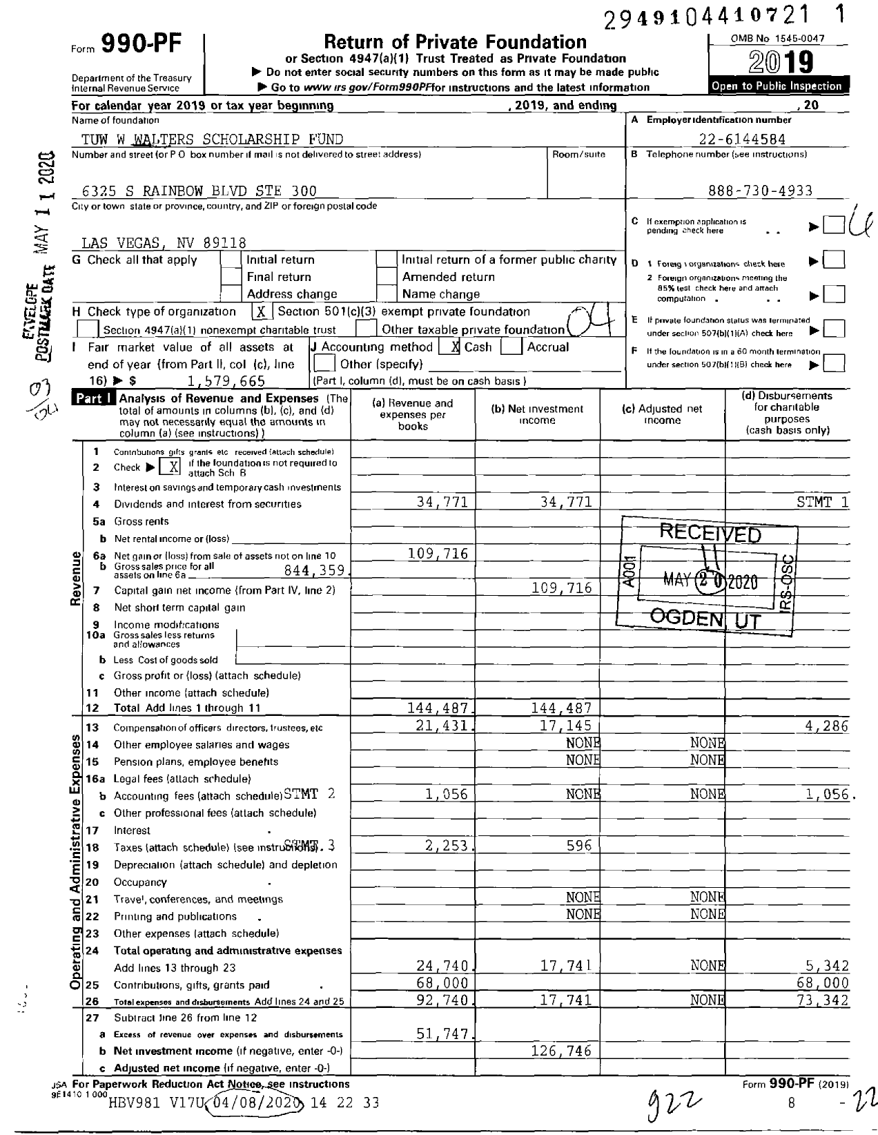 Image of first page of 2019 Form 990PF for Tuw W Walters Scholarship Fund