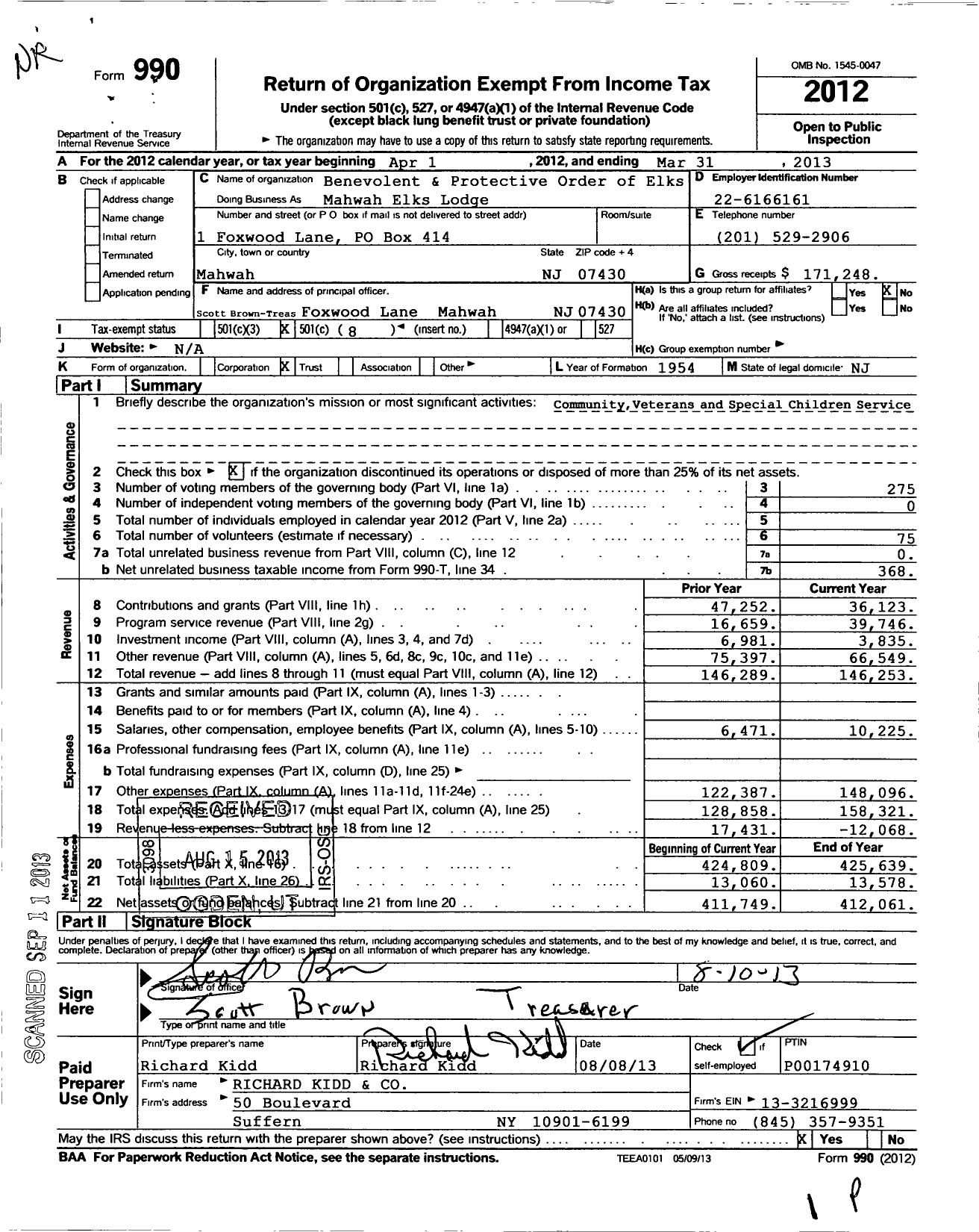 Image of first page of 2012 Form 990O for Benevolent and Protective Order of Elks of the USA / 1941 Mahwah