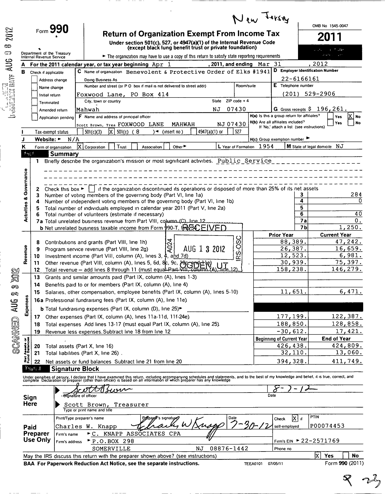 Image of first page of 2011 Form 990O for Benevolent and Protective Order of Elks of the USA / 1941 Mahwah