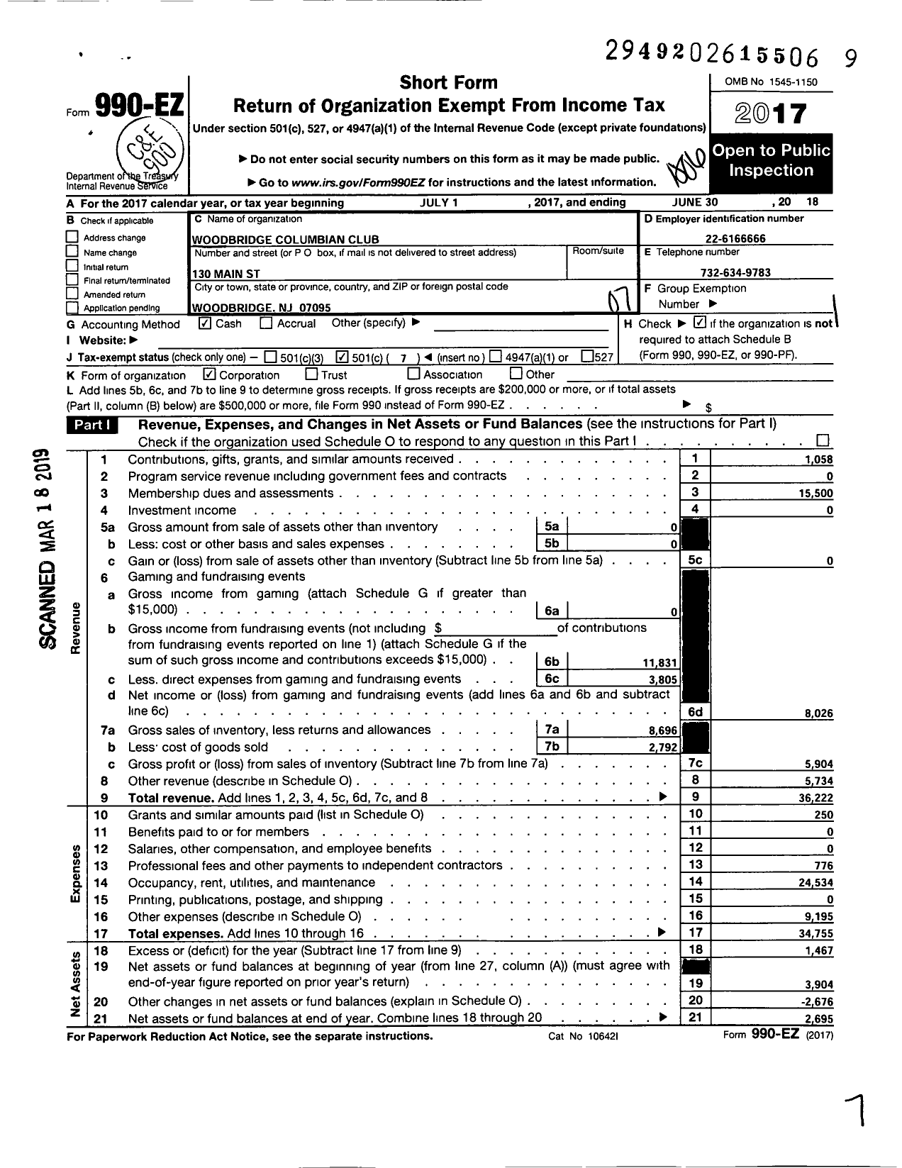 Image of first page of 2017 Form 990EO for woodbridge columbian club