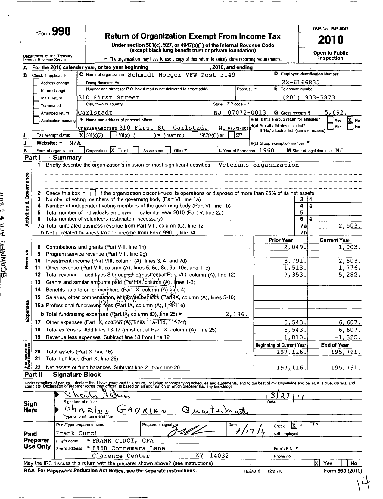 Image of first page of 2010 Form 990 for Department of New Jersey VFW - 3149 Schmidit-Hoeger VFW-NJ