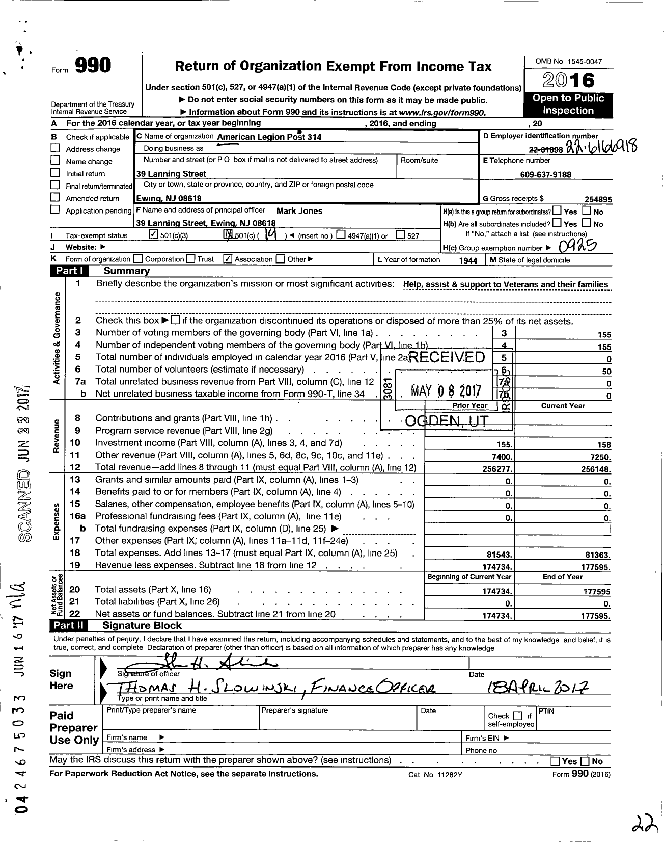 Image of first page of 2016 Form 990O for American Legion Post 314
