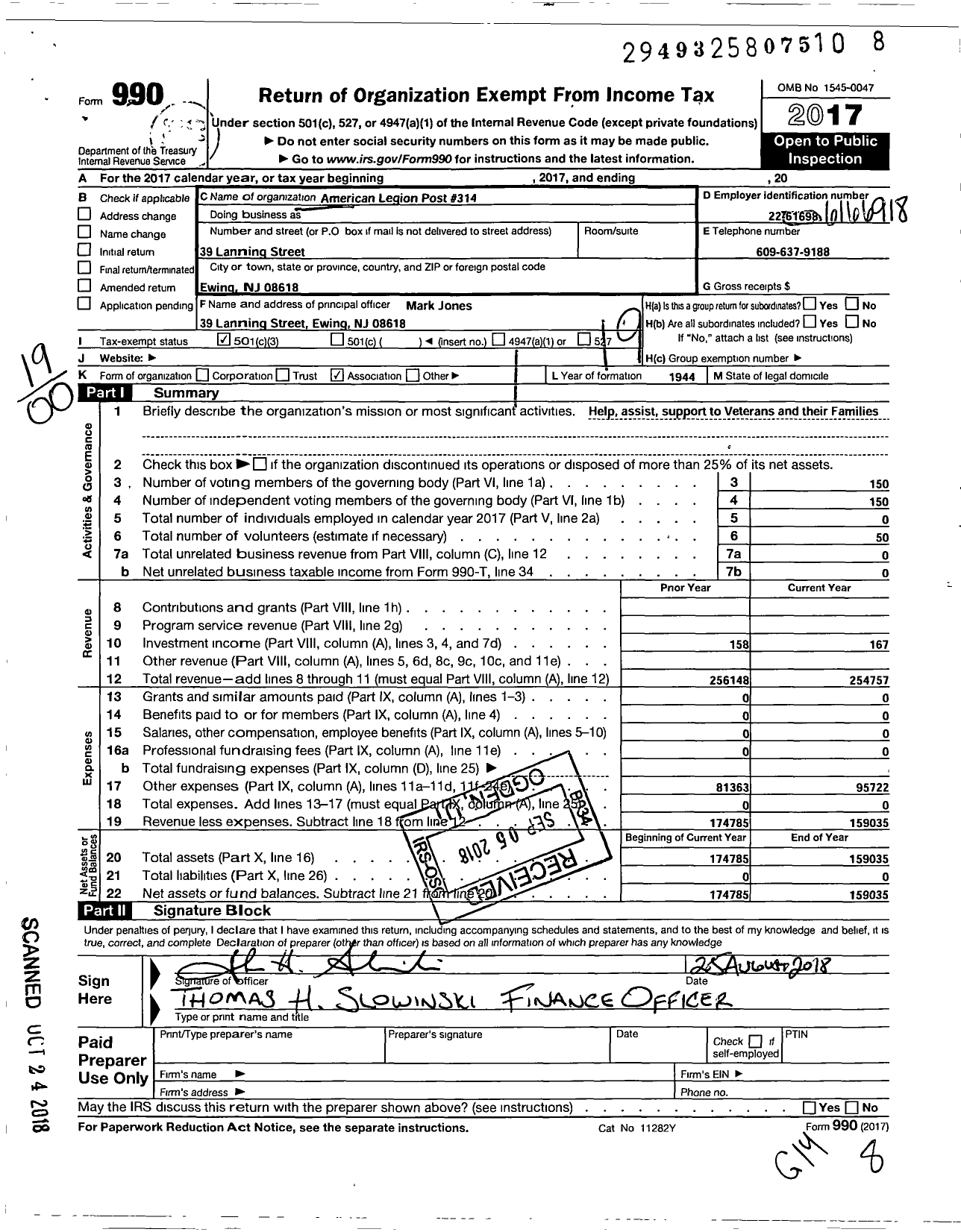 Image of first page of 2017 Form 990O for American Legion Post 314