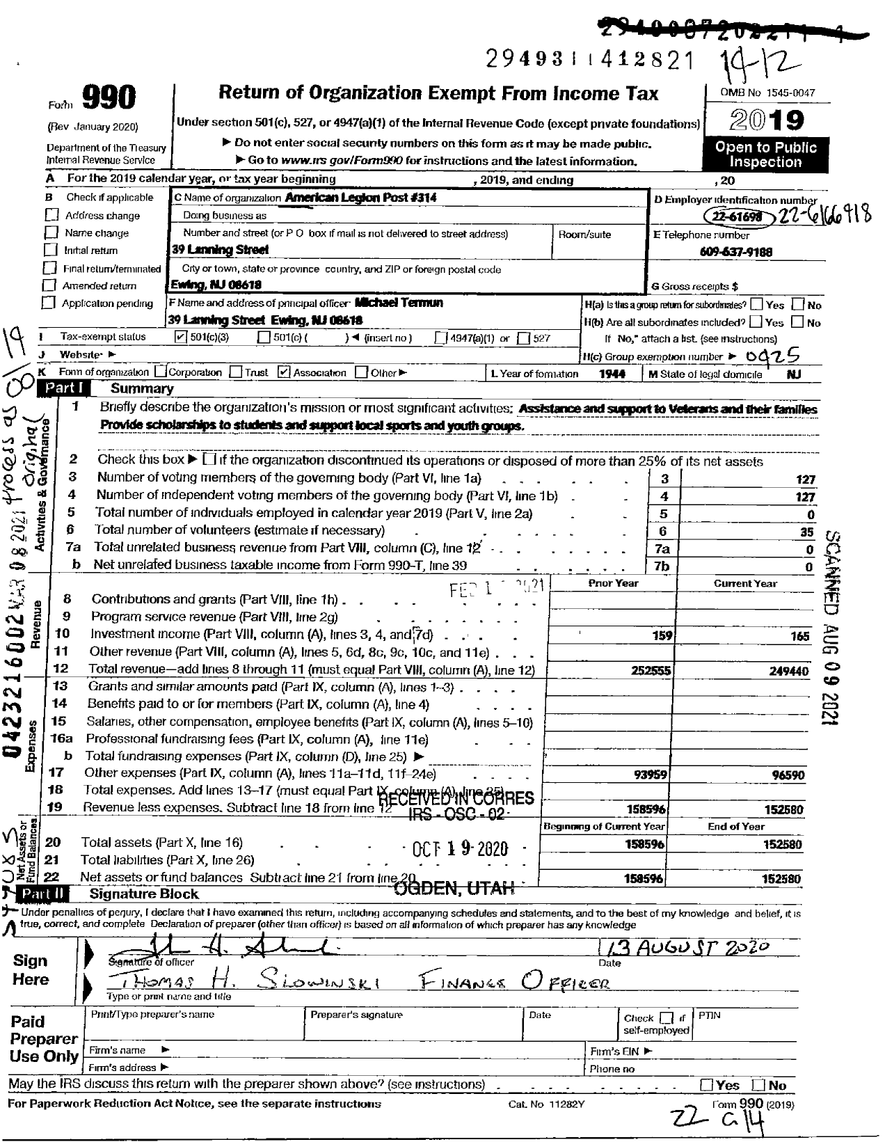 Image of first page of 2019 Form 990O for American Legion Post 314