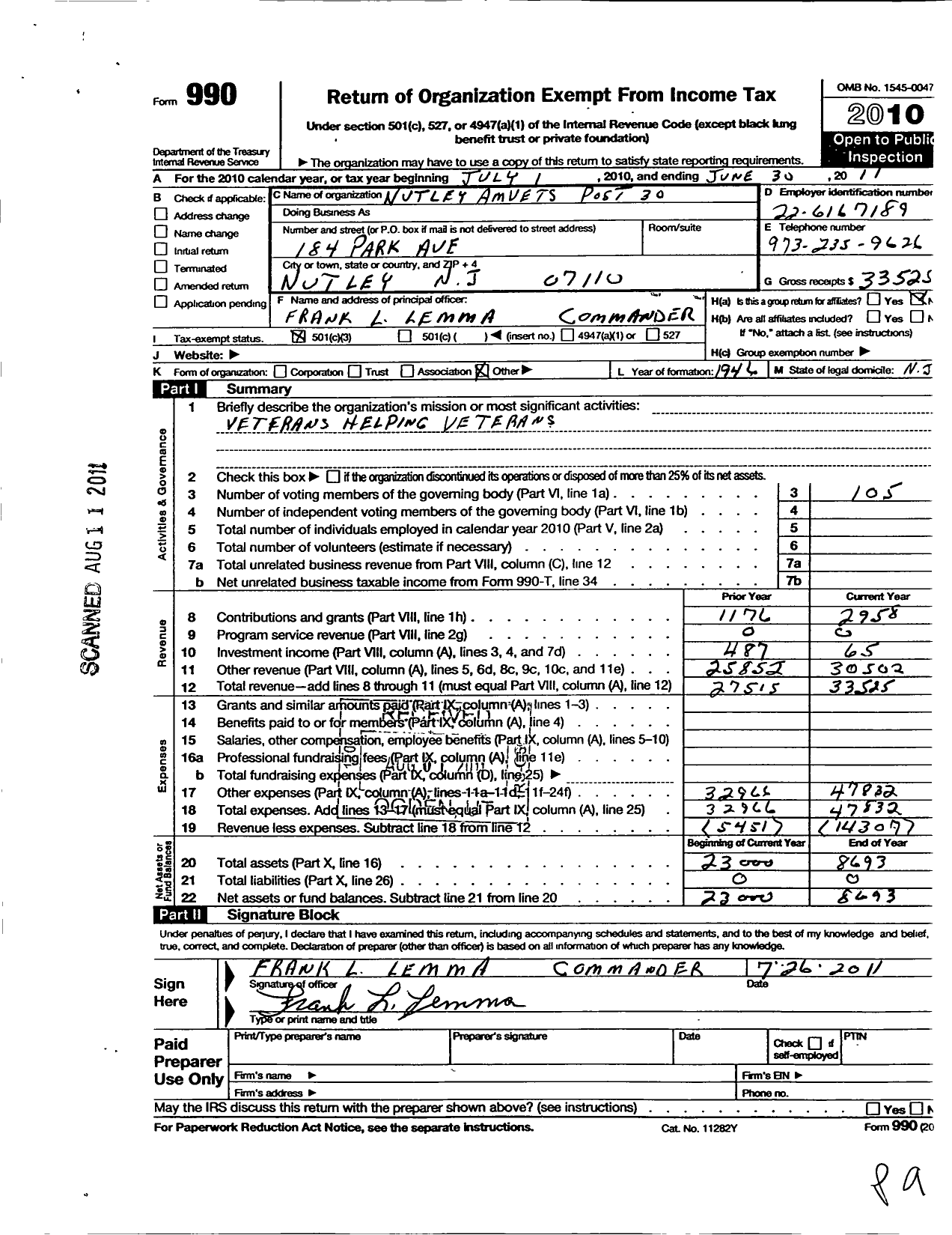 Image of first page of 2010 Form 990 for Amvets - 0030 NJ