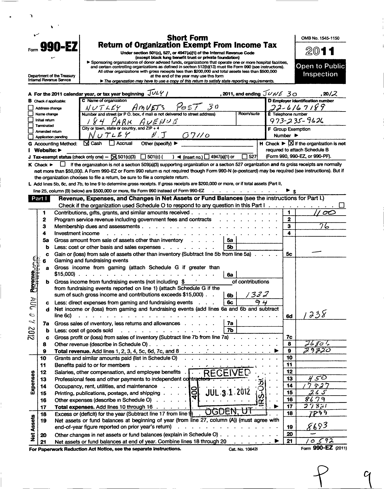 Image of first page of 2011 Form 990EZ for Amvets - 0030 NJ