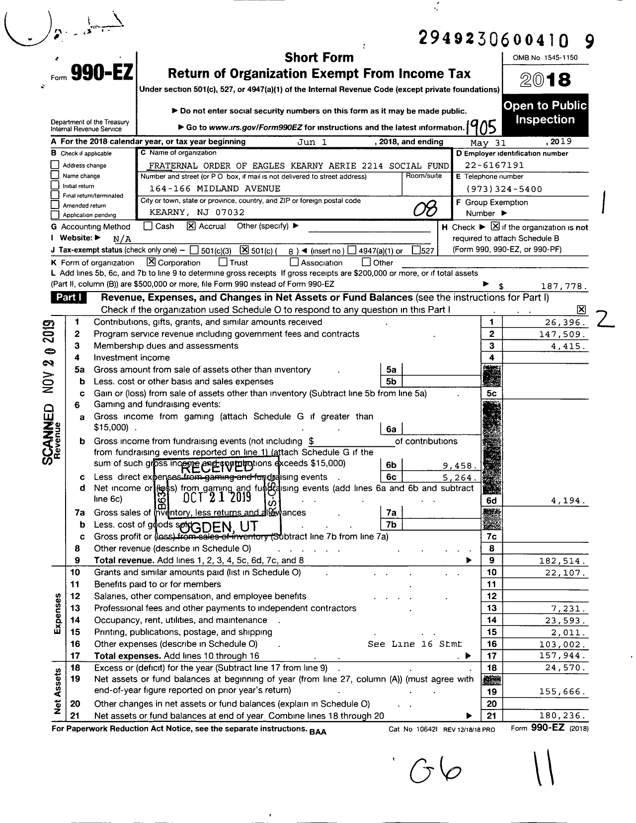 Image of first page of 2018 Form 990EO for FRATERNAL ORDER OF EAGLES kearny aerie 2214 social fund