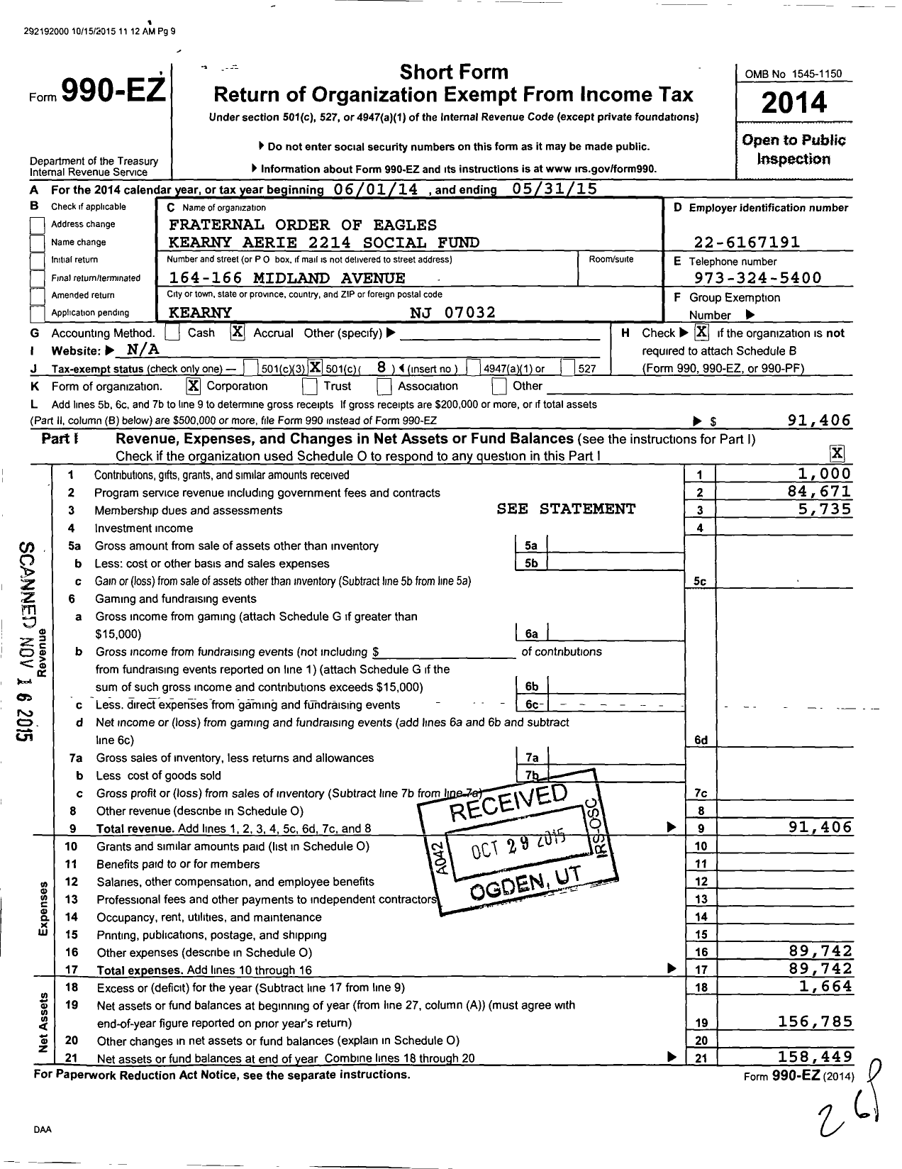 Image of first page of 2014 Form 990EO for FRATERNAL ORDER OF EAGLES kearny aerie 2214 social fund