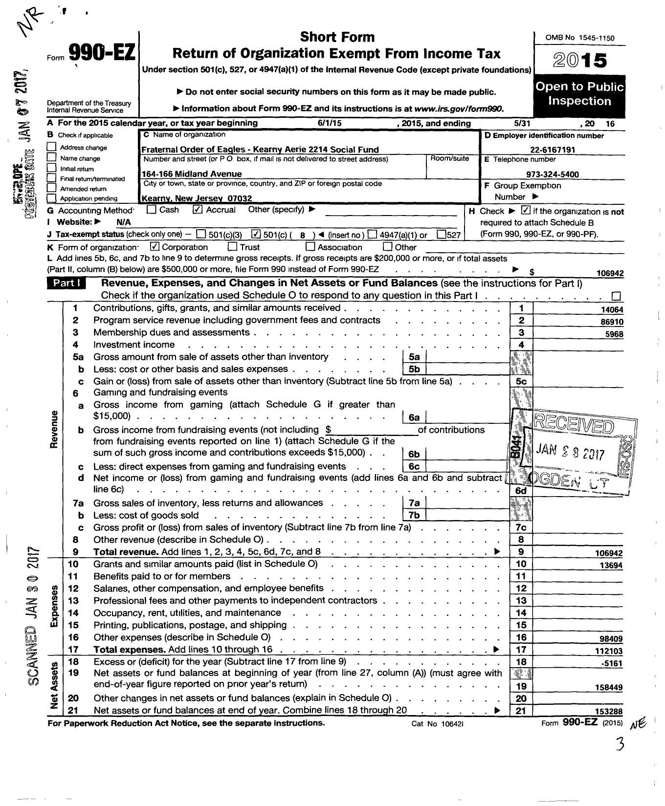 Image of first page of 2015 Form 990EO for FRATERNAL ORDER OF EAGLES kearny aerie 2214 social fund