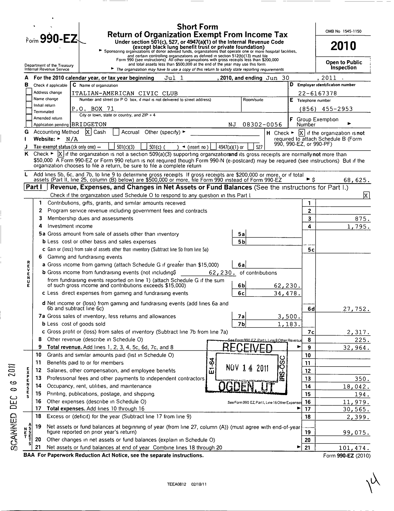 Image of first page of 2010 Form 990EO for Italian American Civic Club