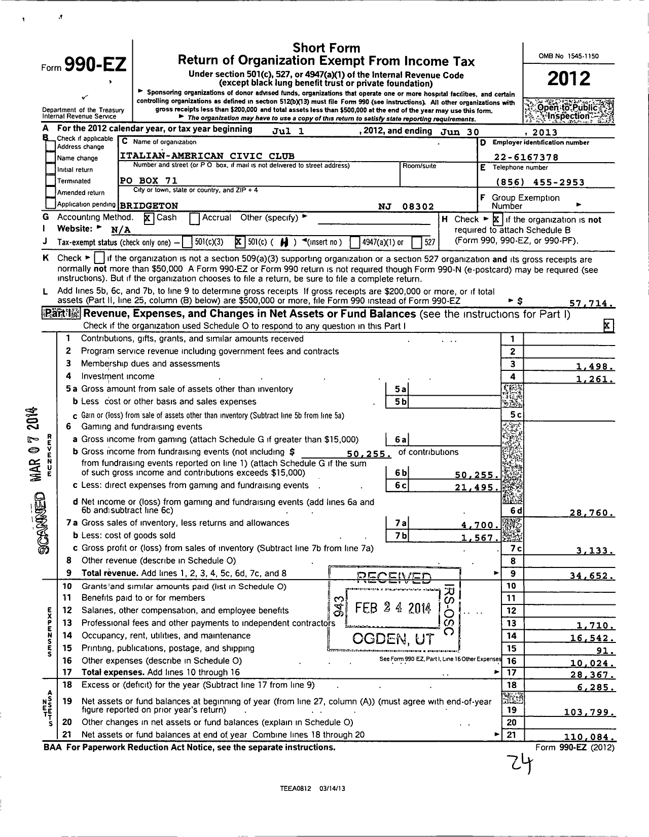 Image of first page of 2012 Form 990EO for Italian American Civic Club