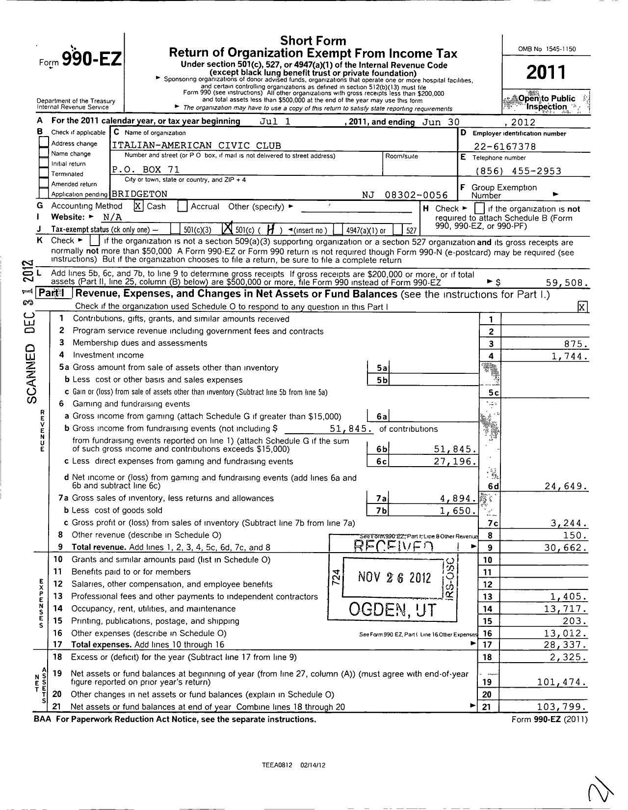 Image of first page of 2011 Form 990EO for Italian American Civic Club