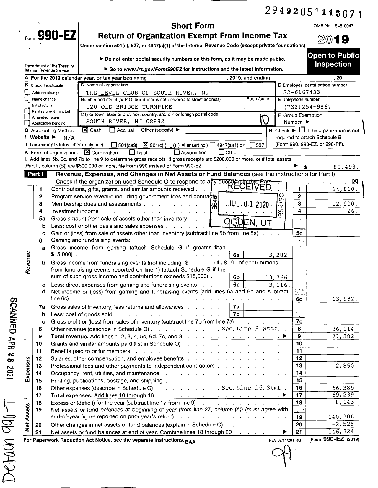 Image of first page of 2019 Form 990EO for The Level Club of South River NJ