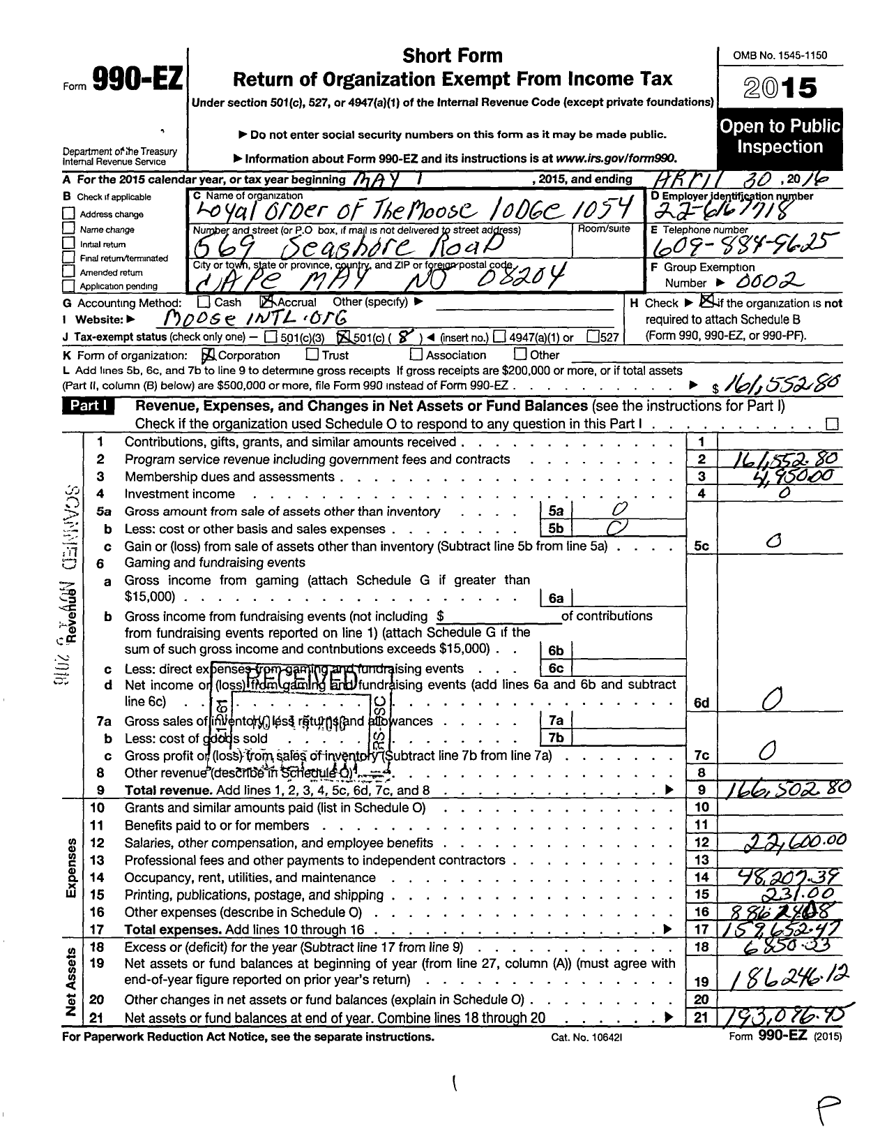 Image of first page of 2015 Form 990EO for Loyal Order of Moose - 1054