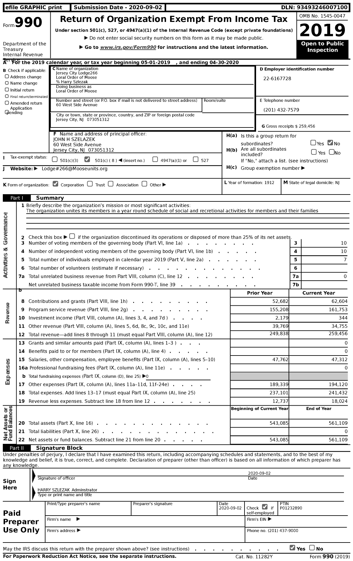 Image of first page of 2019 Form 990 for Loyal Order of Moose - Jersey City Lodge 266